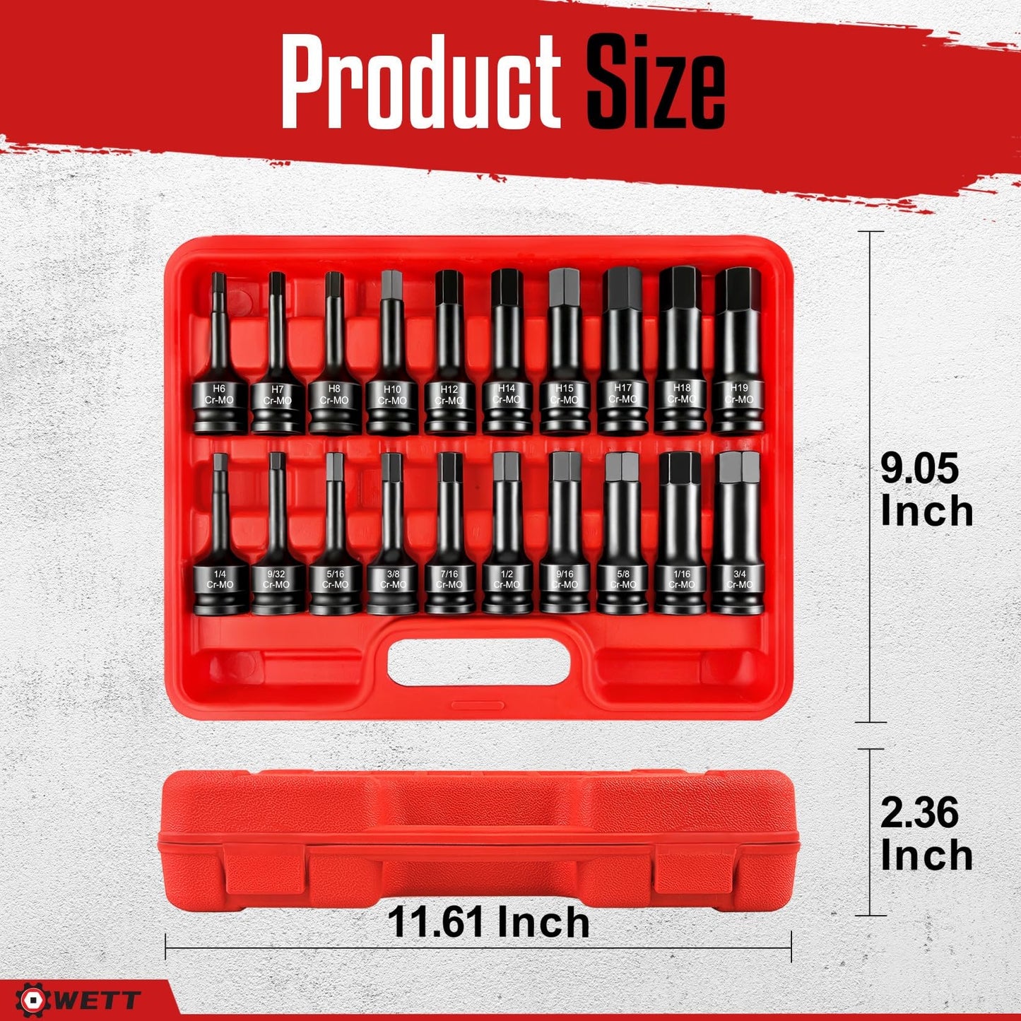 WETT 1/2" Drive Master Impact Hex Bit Set, 20 Piece Hex Driver Socket Set, Allen Bit Socket Set, Cr-Mo Steel, SAE & Metric, (1/4" - 3/4", 6-19mm)