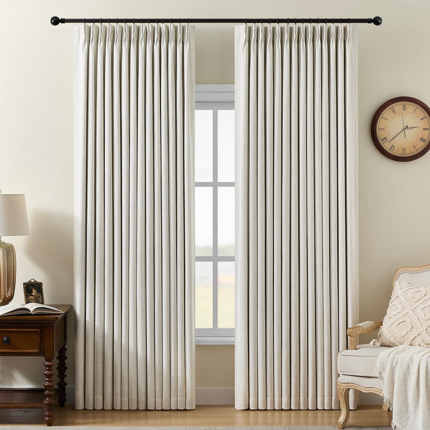 Pinch Pleated Curtains 100% Blackout Linen Curtains 90 Inches Long for Bedroom Living Room, Natural Memory Trained Thermal Insulated Room Darkening Window Pleat Drapes with Hooks, 2 Panels, 40"Wx90"L