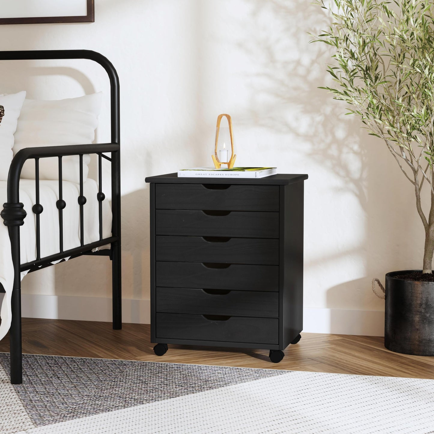 Linon Corinne Black Six Drawer Wide Rolling Storage Cart