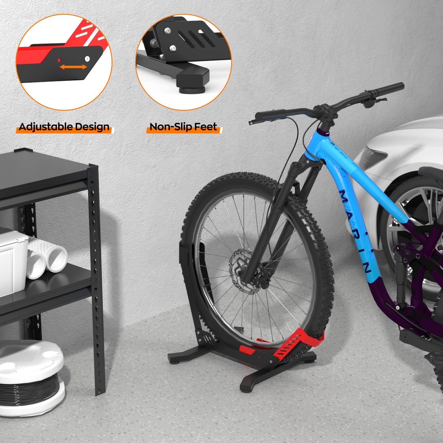 ALIXUEQIN Bike Stand Floor, Portable Bike Storage for Garage - Fit for 24"-29" Bikes, Tire Width up to 3.5", Road & Mountain Bicycle Stand, Front and Rear Wheel Parking Rack - Red