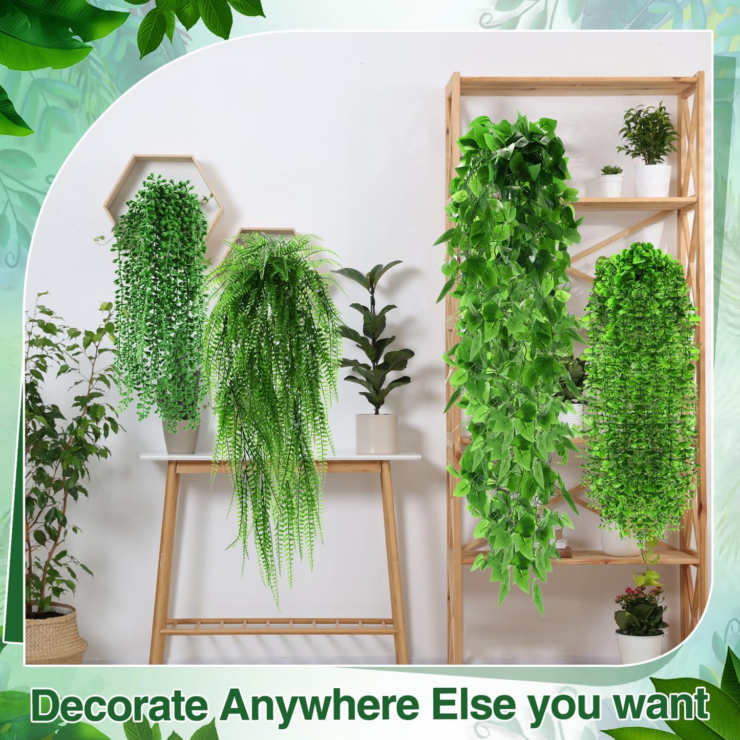 Daifunli 12 Pcs Artificial Hanging Plants Fake Hanging Ferns Plastic Faux Plants for Wall Room Garden Garland Indoor Outdoor Decor No Basket (Boston,Eucalyptus,Ivy Vine,String of Pearls)