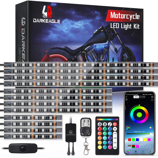 12PCS Motorcycle RGB LED Light Kit with Brake Turn Signal, Underglow Lights with APP/RF Remote,Neon Accent Light MultiColor Dual Zone Waterproof 12V for Sport Bike, Cruiser, Street&Off-Road Motorcycle