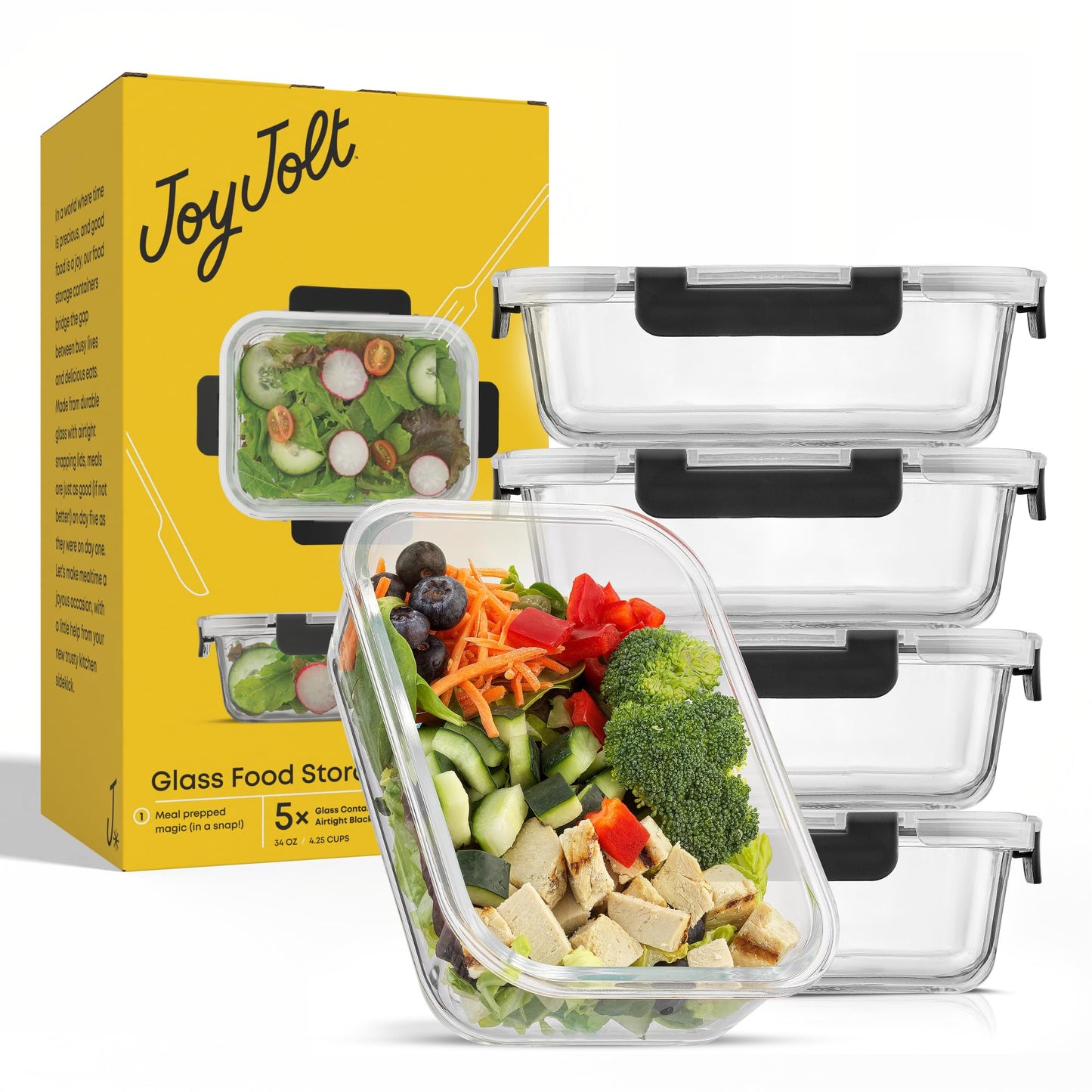JoyJolt Glass Food Storage Containers with Lids. 5 Pack Glass Meal Prep Containers Reusable 35oz Single Compartment Airtight Container Set. Lunch Containers for Adults and Kitchen Storage Containers