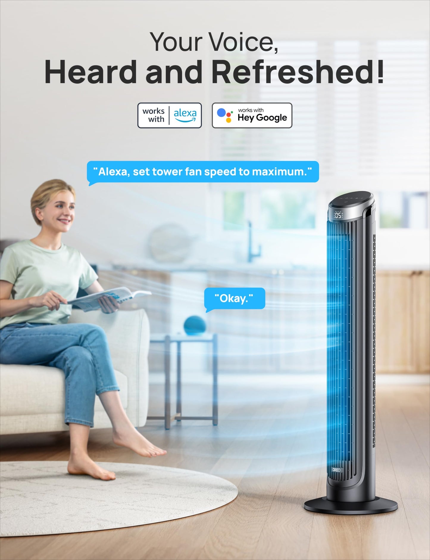 Dreo Smart Tower Fans for Bedroom, 90° Oscillating Fans for indoors, 5 Speeds 4 Modes Max 26ft/s, 12H Timer, LED with Touch, Remote Control, 40" Quiet Bladeless Standing Floor Fan for Home Office