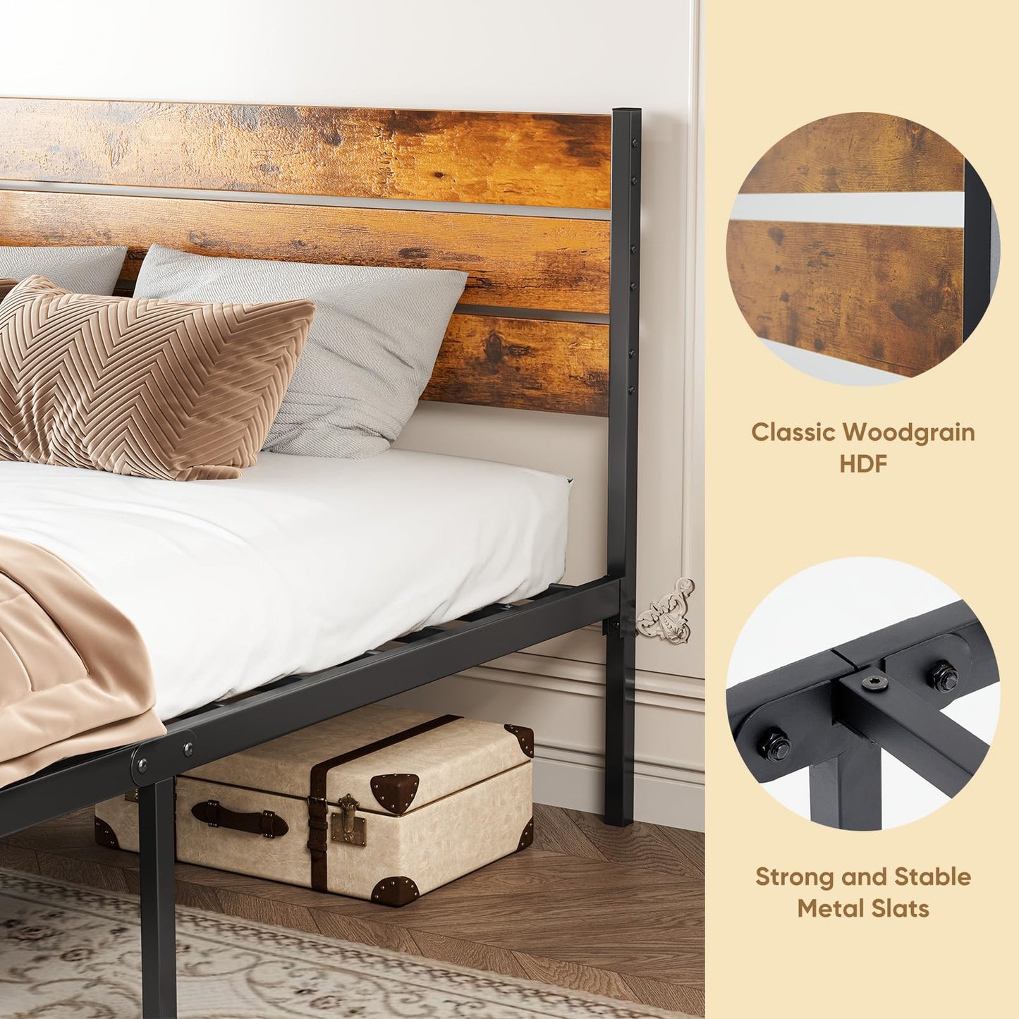 OLIXIS Full Size Bed Frame with Headboard, 800LBS Mattress Foundation with All Sturdy Metal Support, Under Bed Storage, No Box Spring Needed, Easy Assembly, Rust Brown