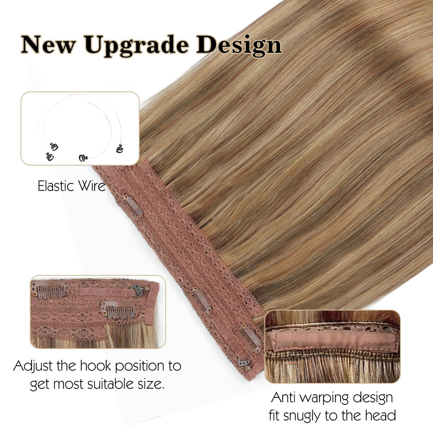 Sassina Invisible Wire Hair Extensions Real Human Hair with Transparent Wire Adjustable Size Secure Clips Natural Straight Secret Miracle Hairpiece, Highlight P6-12 18 Inch 80 Gram