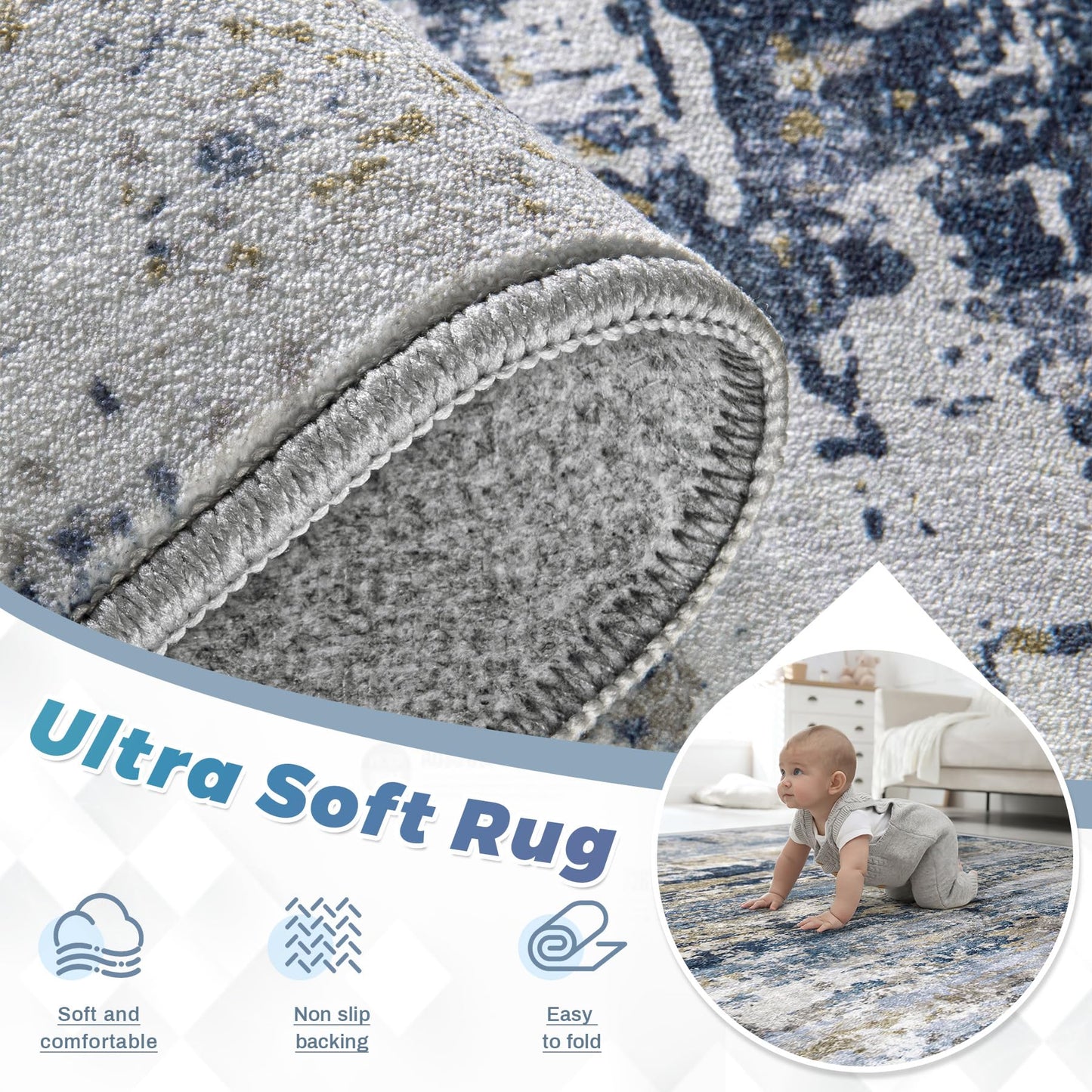 pmtsns Area Rugs 5x7 for Living Room: Washable Rug Modern Abstract Neutral Soft Non-Slip Low-Pile Indoor Carpet for Bedroom Dining Room Playroom Home Office (Blue Grey Brown, 5'x7')