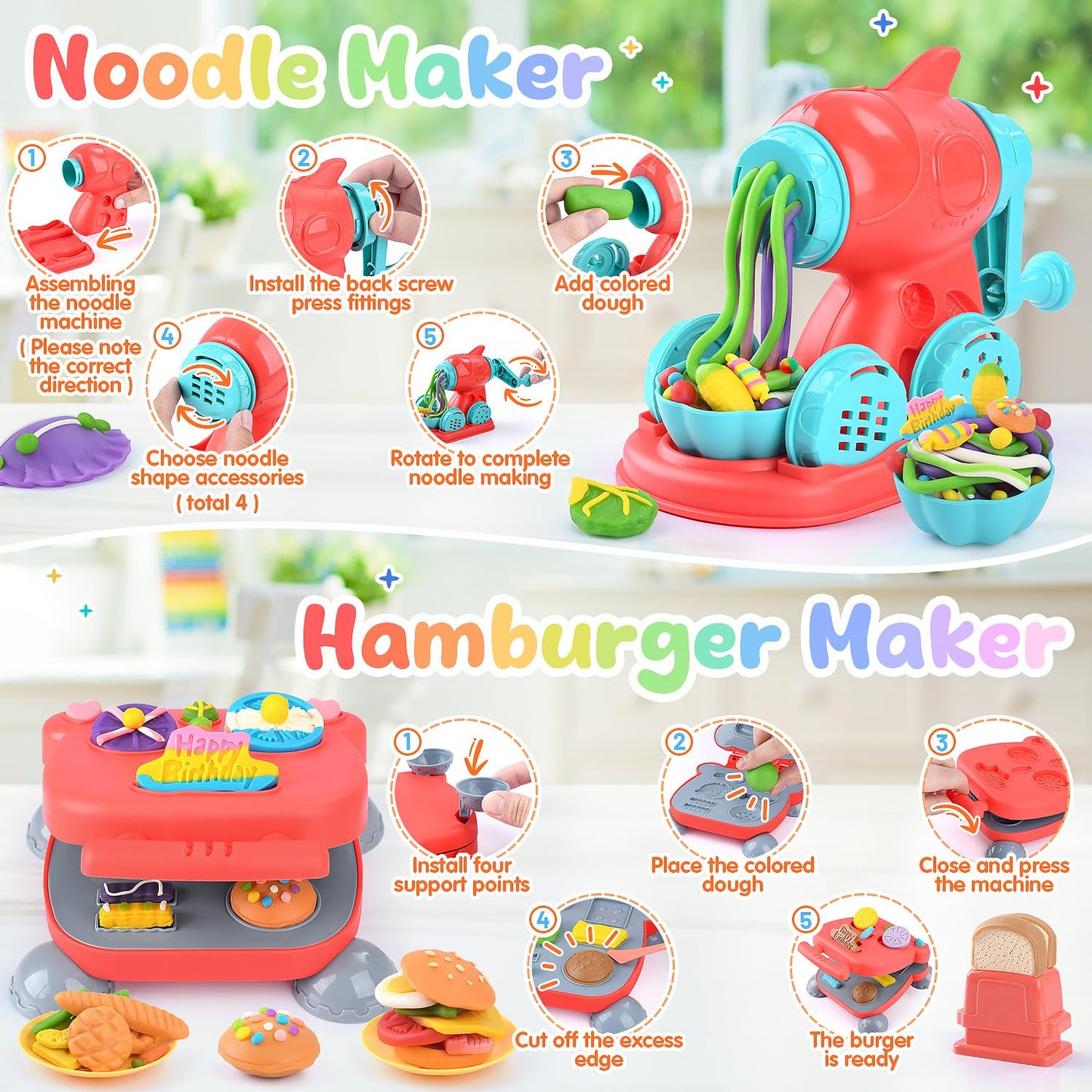4 in 1 Color Dough Set Kitchen Creations with Ice Cream/Cake/Noodle/Hamburger Maker Machine, Arts Crafts Play Food Toys Tools Kit for Boys Girls Kids Toddlers Ages 3+ , 24 Dough