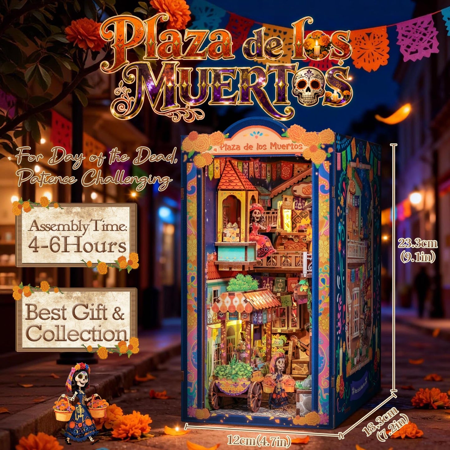 Cutefun DIY Book Nook Kits for Adults Mexican Art and Culture, Decorative Bookends for Bookshelf with LED Light & Dust Cover, 3D Wooden Puzzle Booknook for Teens Creative Gifts (Plaza de Los Muertos)