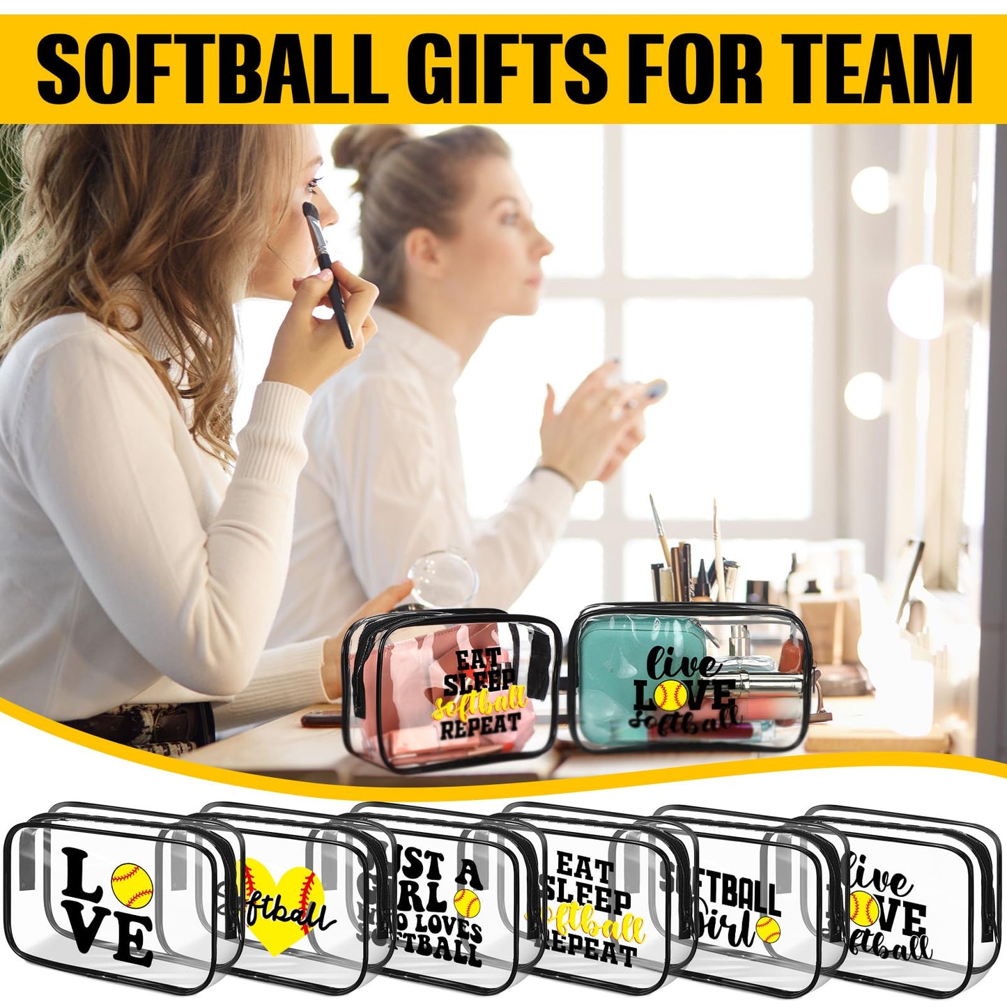 Reginary 12 Pcs 7 x 4.7 x 2.4'' Softball Makeup Bag Softball Gifts for Team Clear PVC Softball Cosmetic Case Softball Goodie Bag Stuffers Accessories for Woman Toiletry Zipper Pouch Team Party Favors