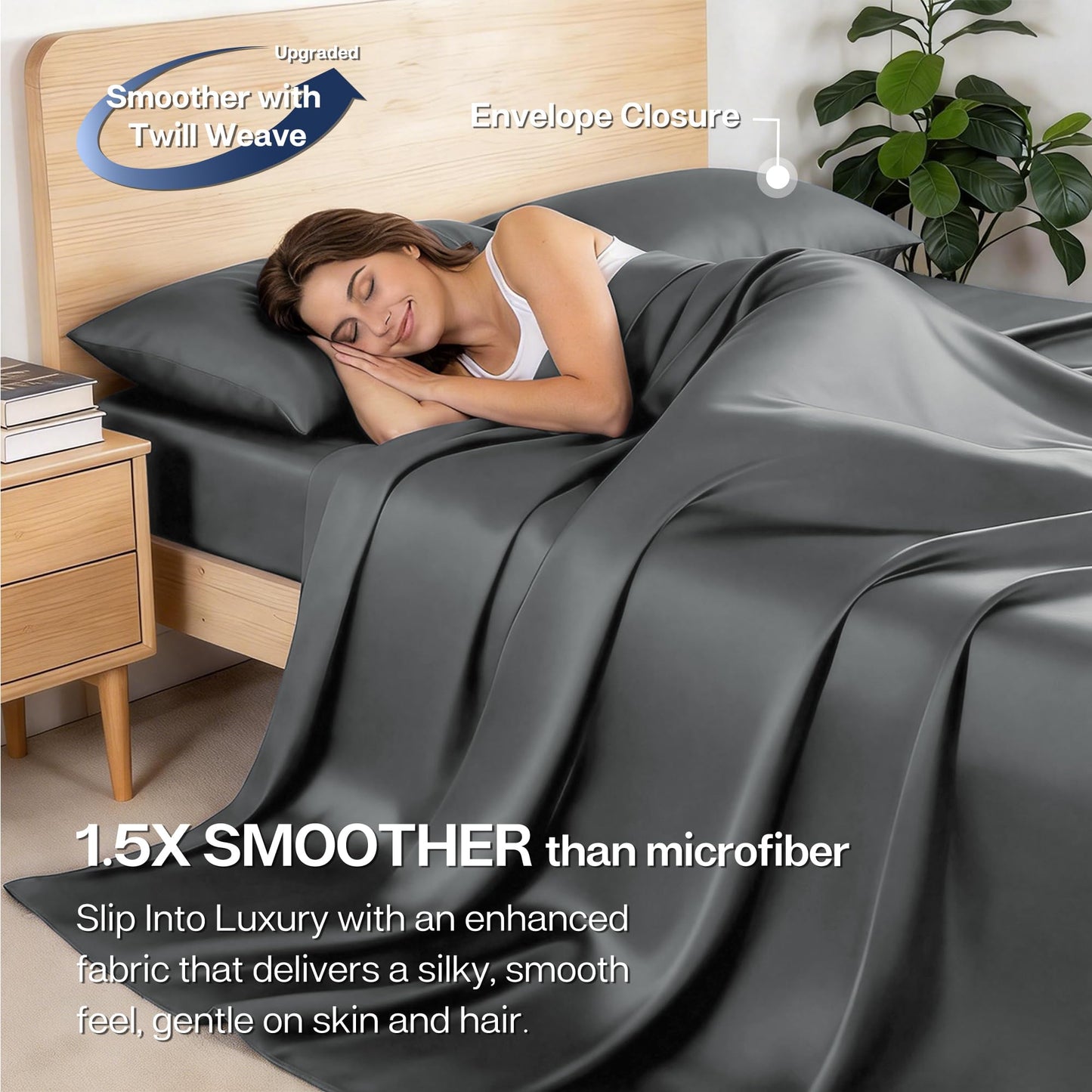 MR&HM Queen Sheet Set, 4-Piece Cooling Sheets, Rayon Derived from Bamboo & Polyester Blend, Soft & Silky, 15" Deep Pockets with Elastic Straps, Hotel Luxury for Hot Sleepers, Dark Grey