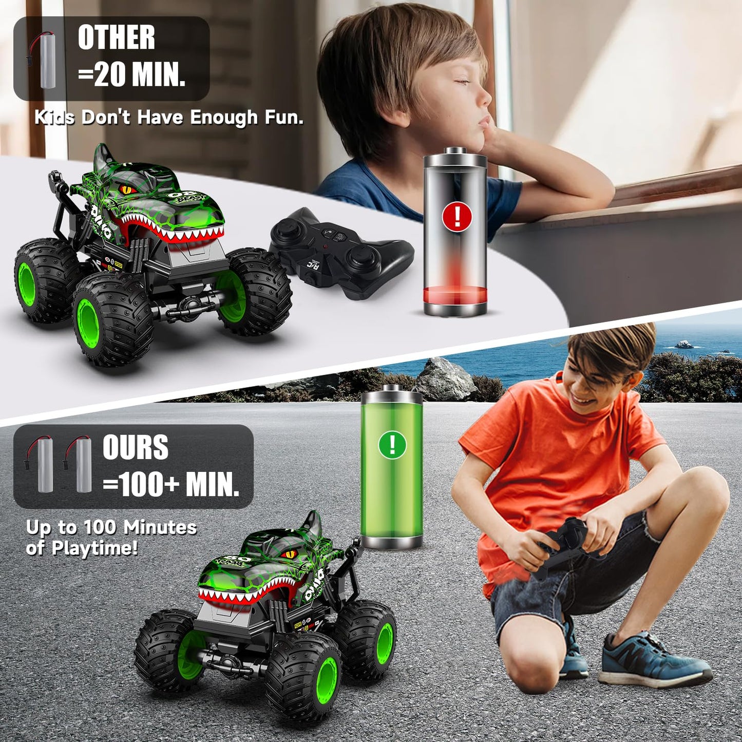Gohero Monster Truck Toys for Kids, 1:20 Dinosaur Toys RC Car Truck with 360° Spins & Drifting, 2.4GHz All-Terrain Monster Trucks for Boys Age 4-7 | with LED Light, Music & 2 Rechargeable Batteries.