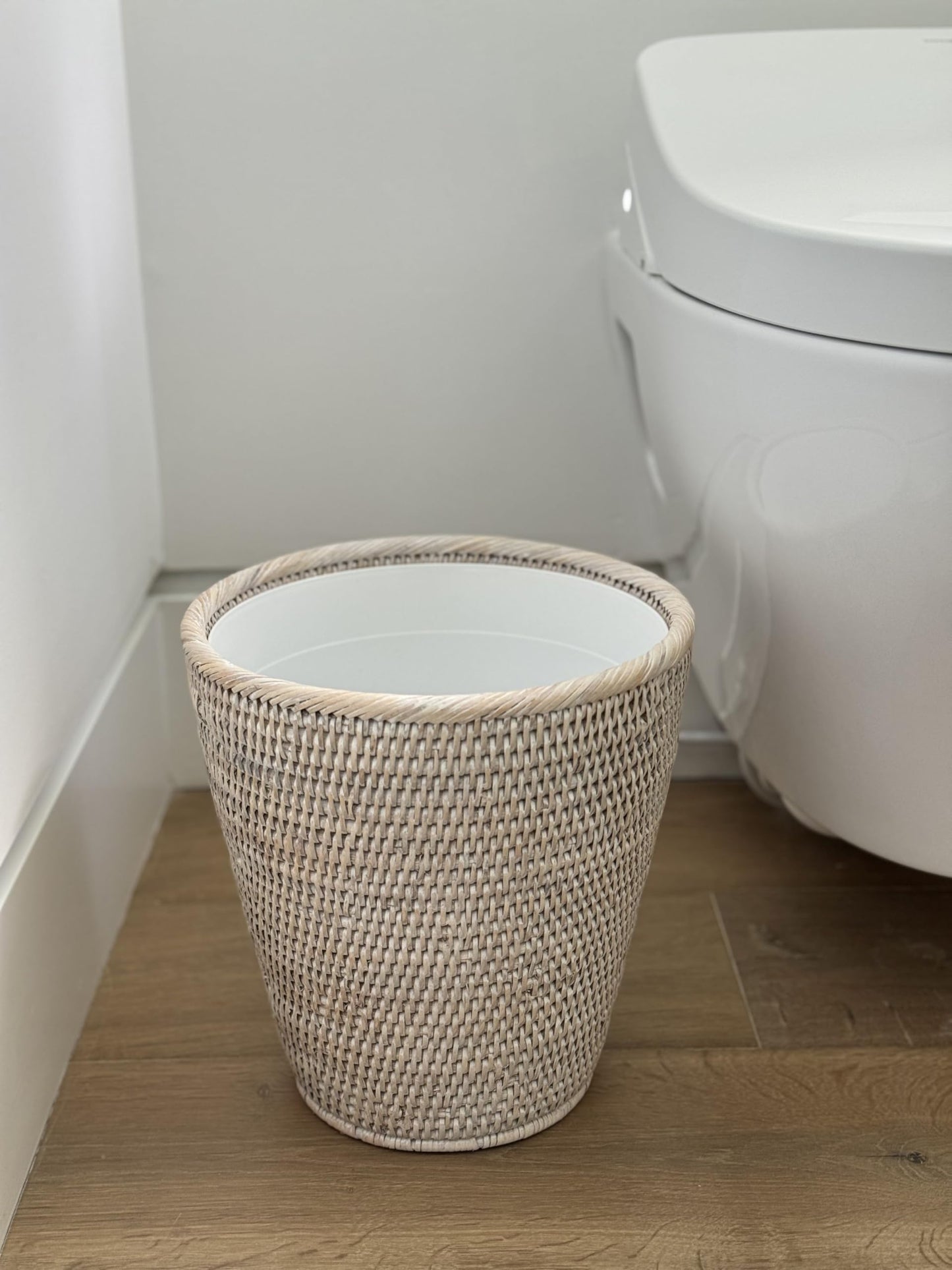 KOUBOO La Jolla Rattan Wastebasket with Plastic Insert, Handmade, Trash Can, Small Wastebasket, Bedroom, Bathroom, Vanity, RV, Dorm, White Wash