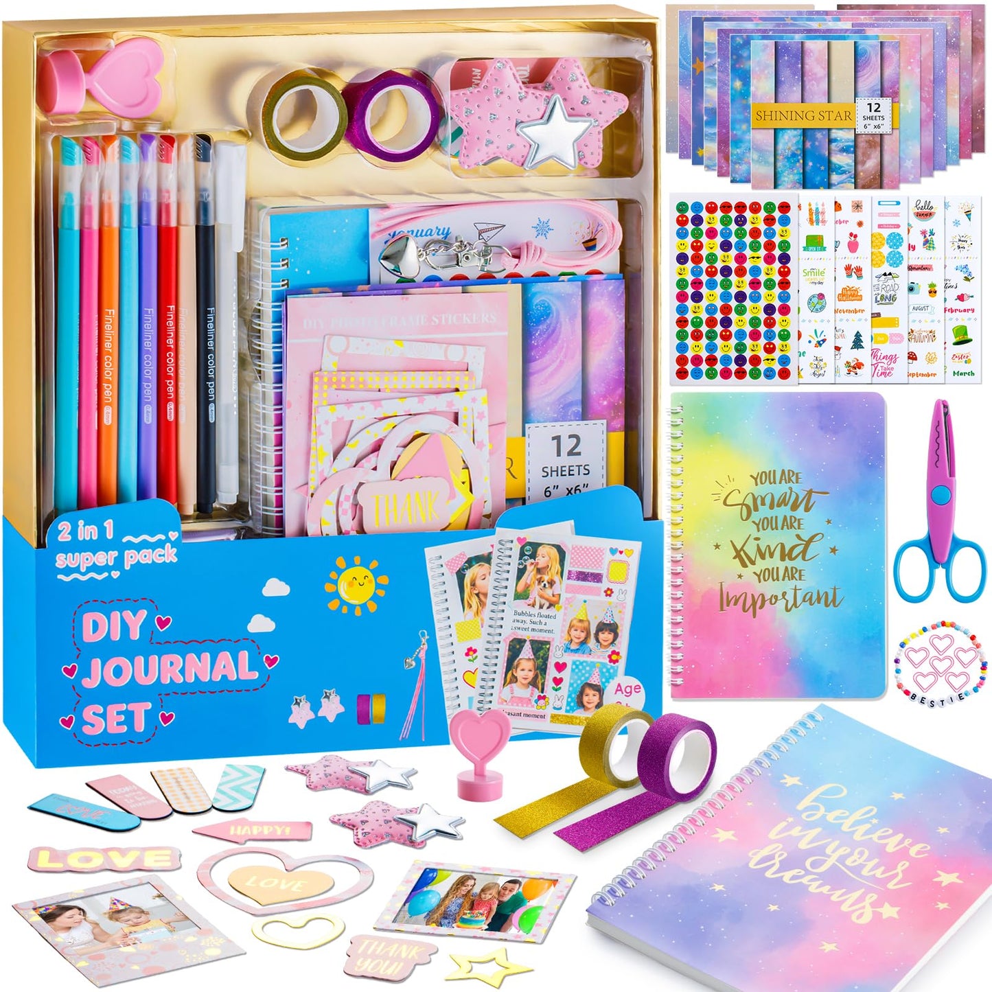 Poaoed 2-Pack DIY Journal Kit for Girls Ages 8 9 10 11 12 13 14, Scrapbook & Diary Supplies, Journaling Kit Arts and Crafts Journal Set for Teens and Tweens, Birthday & Christmas Gifts