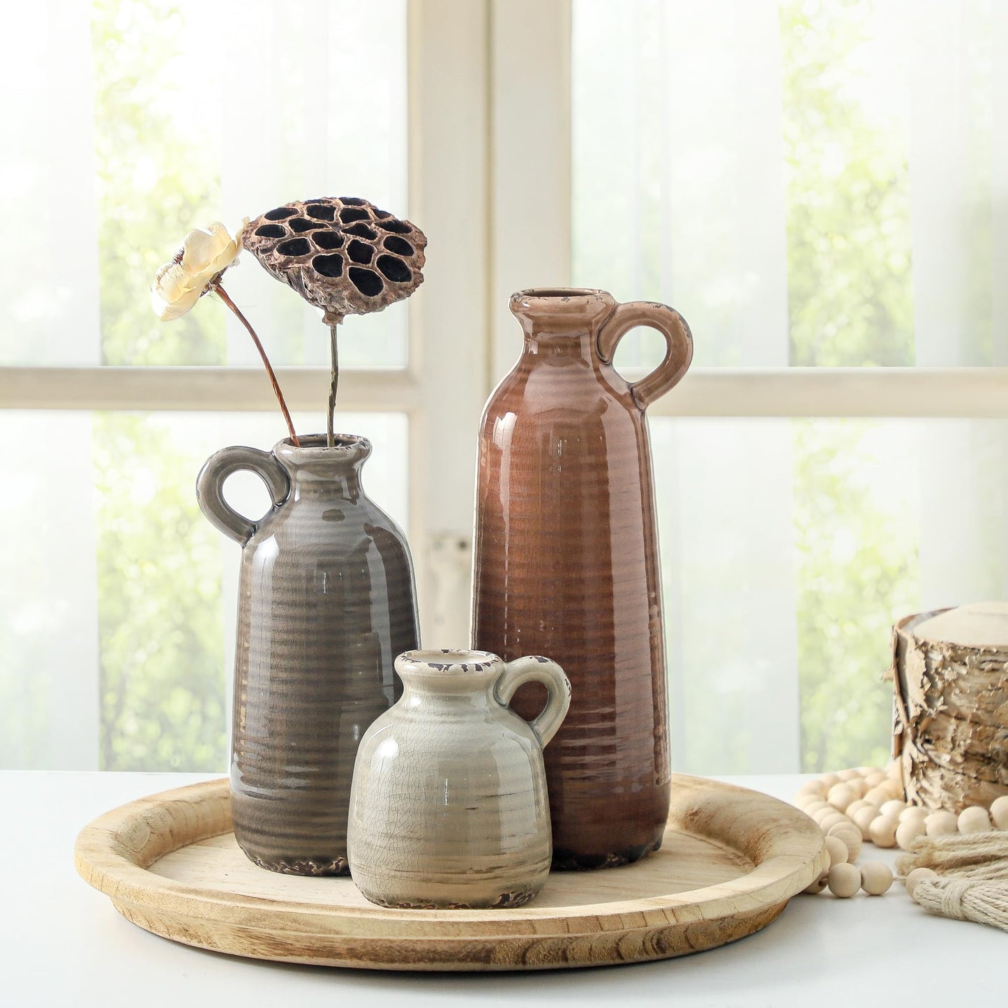Ceramic Vases Set of 3, Neutral Rustic Farmhouse Vase with Handle, Decorative Flower Vases Home Decor Modern Boho Pampass Vase for Table Mantel Entryway Shelf Living Room Kitchen Bathroom - Brown