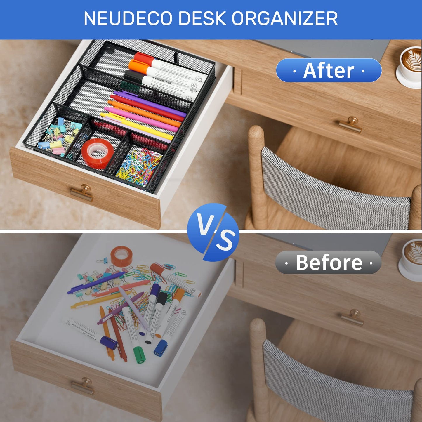 Neudeco Desk Drawer Organizer, 4 Pack Metal Mesh, Black