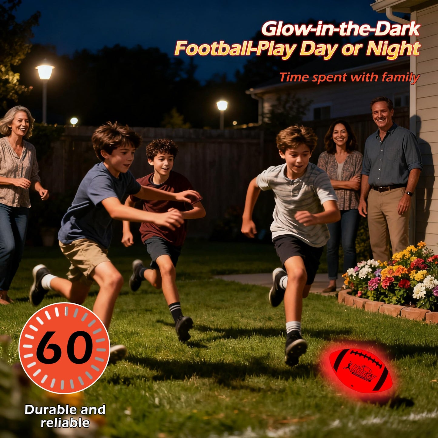 HITEGY Rechargeable Glow in The Dark Football - USB Charging, Official Size 6, Light Up with Every Catch and Throw, Includes Pump, Ball Bag & Charging Cable - Rechargeable Light Up Football - Orange