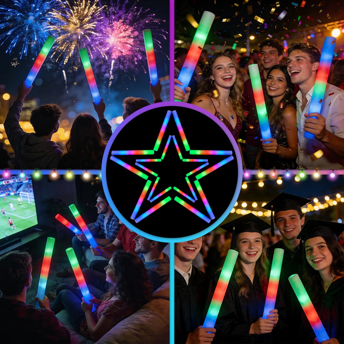 SHQDD 72PCS Foam Glow Sticks Bulk, Light Up in the Dark Party Supplies with 3 Colorful Flashing Modes, Glow Party Pack for Wedding, Birthday, Raves, Concert, New Year, Carnival, Halloween, Christmas