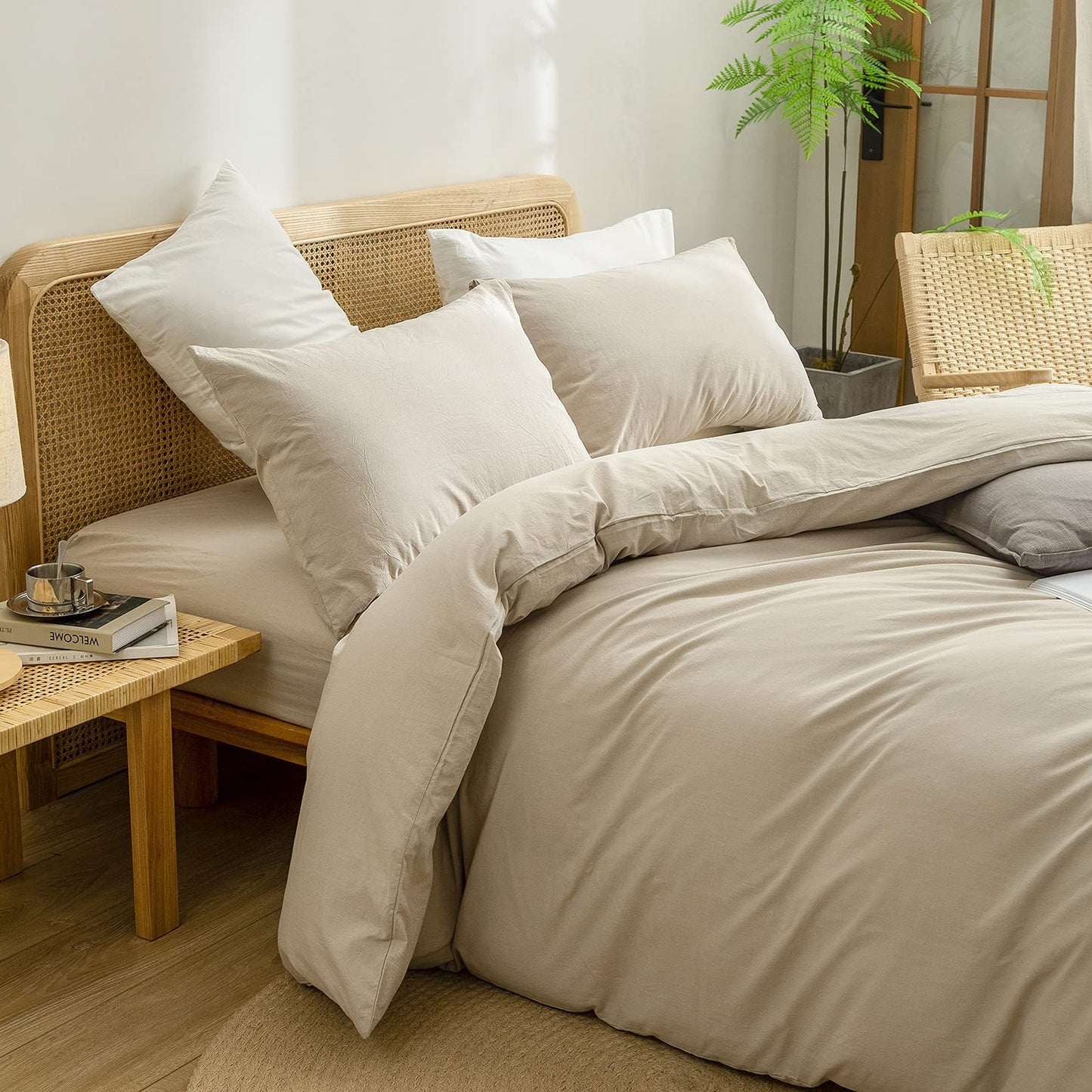 BESTOUCH Duvet Cover Set 100% Cotton Linen Feel Super Soft Comfortable Chic Lightweight 3 PCs Home Bedding Set Solid Almond Milk Grey King