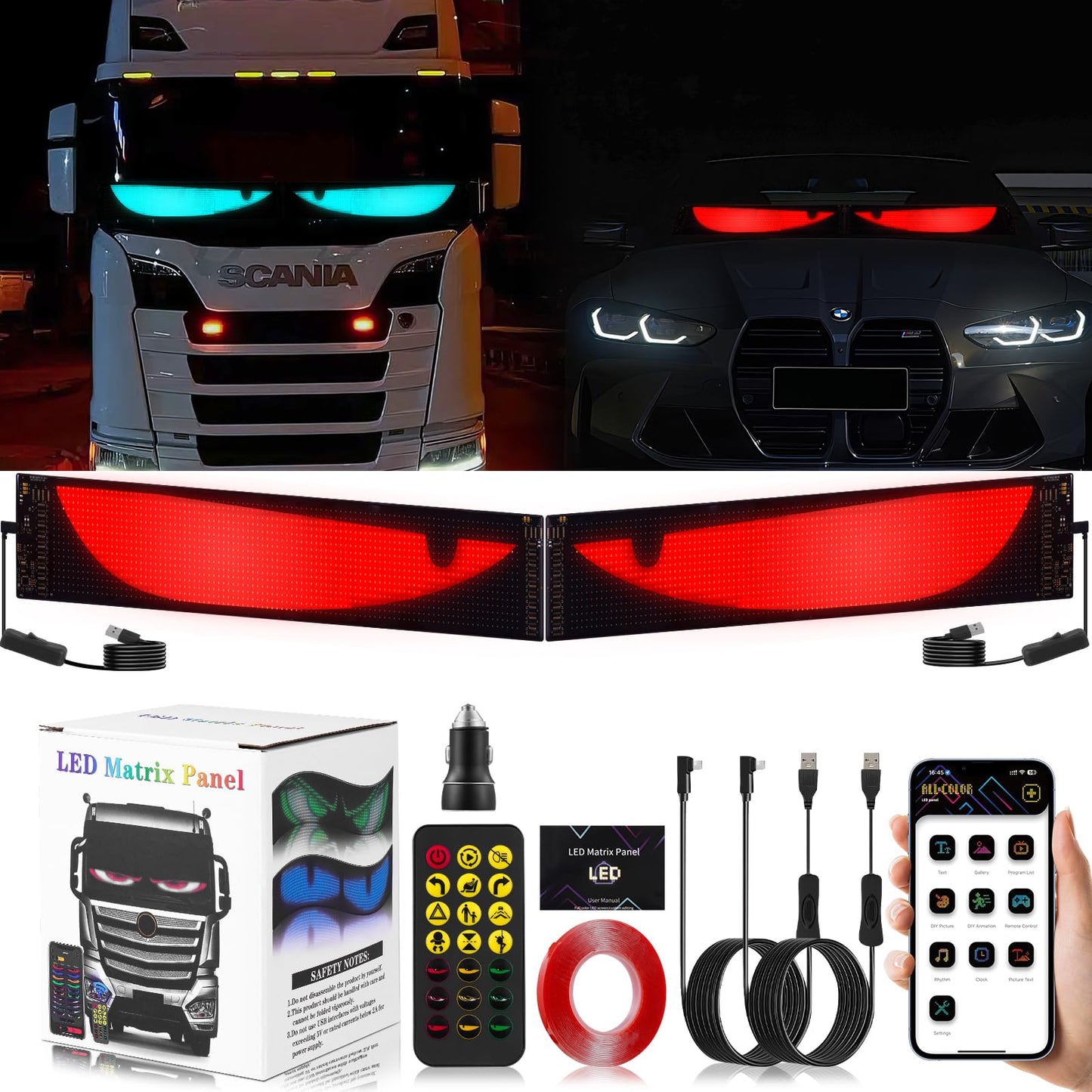 2pcs Devil Eyes Lights for Cars, 23.62"x4.72" Programmable LED Eyes for Car/Truck Windshield, Flexible LED Display Screen Panel for Car Window, DIY 𝗖𝗮𝗿 Dynamic Smart Colorful Eye Lamp Soft Screen