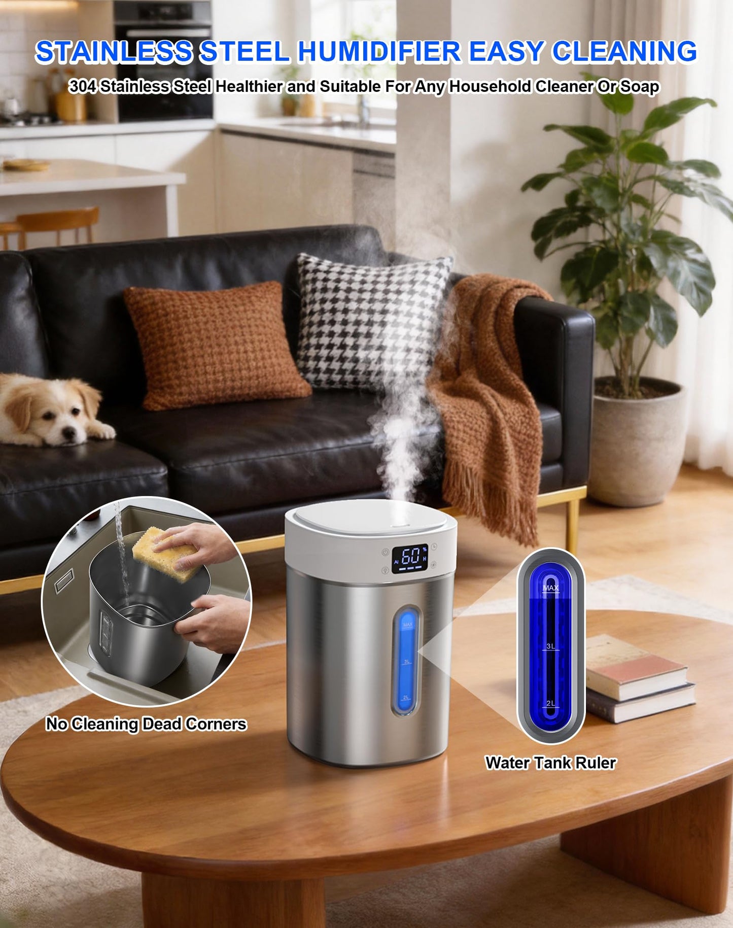Humidifiers for Bedroom Large Room Baby, 4L Ultrasonic Cool Mist Humidifier, 304 Stainless Steel humidifiers, Auto Humidity Control, Humidity Display, Night Light, Quiet,Timer,Aromatherapy