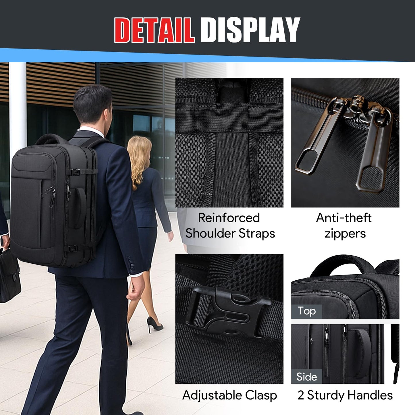 Travel Backpack, Expandable 50L Carry On Backpack, Extra Large Anti-Theft TSA Flight Approved Large Weekender Daypack Bag for Men and Women, Waterproof Pocket Lightweight Travel Gifts for Men, Black