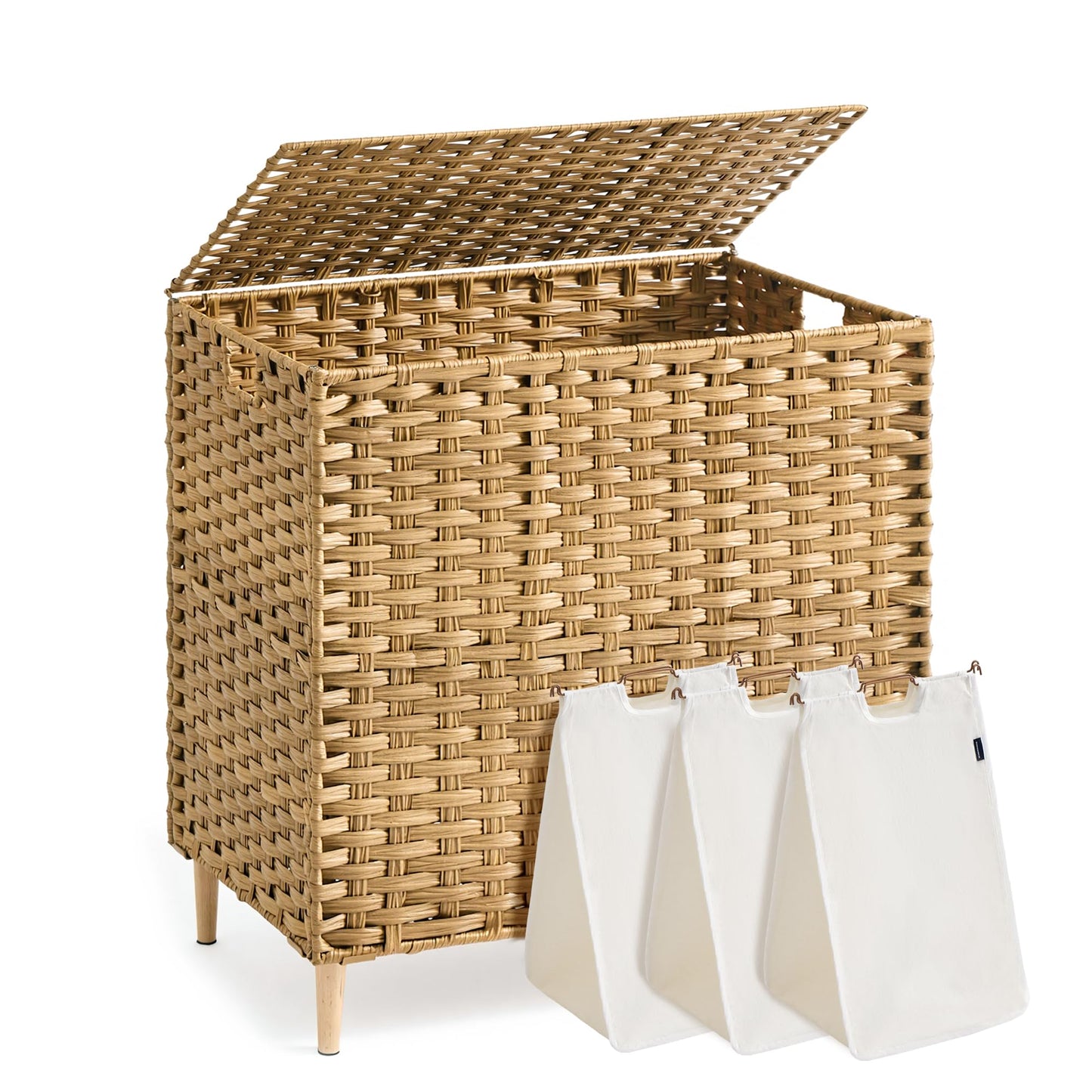 SONGMICS 3-Section Laundry Hamper with Lid, 42.2 Gal (160L) PE Rattan Laundry Basket with Removable Washable Liners, for Bedroom & Living Room, Goose Yellow ULCB223YE01