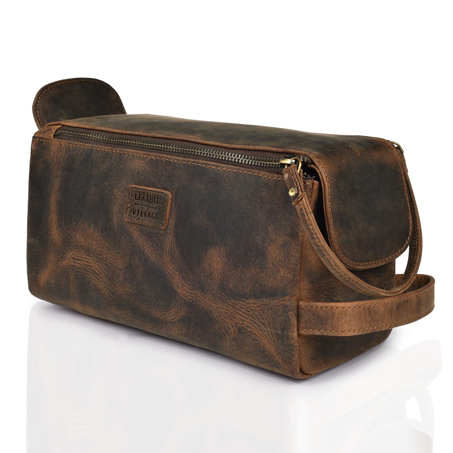 LEATHER VILLAGE Premium Leather Travel Toiletry Bag - Unisex Water-Resistant Travel Dopp Kit, Shaving & Cosmetic Organizer for Men & Women - Compact Bathroom Essentials - Rustic Brown