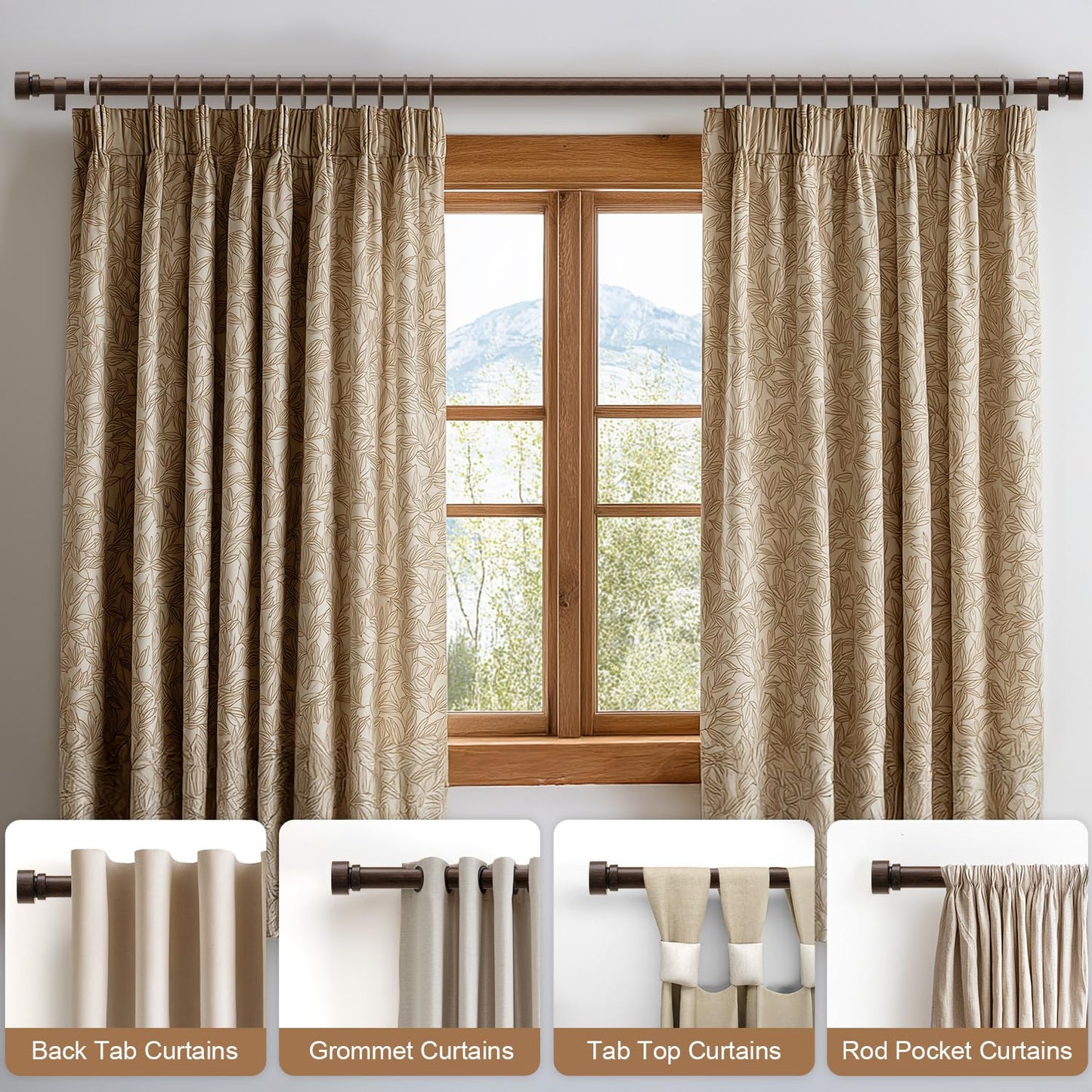 Lootkell Deep Walnut Wood Curtain Rods for Windows 66 to 120 1" Diameter Heavy Duty Window Curtain Rod Adjustable with Handmade Wood Grain Design for Living Room Bedroom Kitchen Farmhouse Outdoor