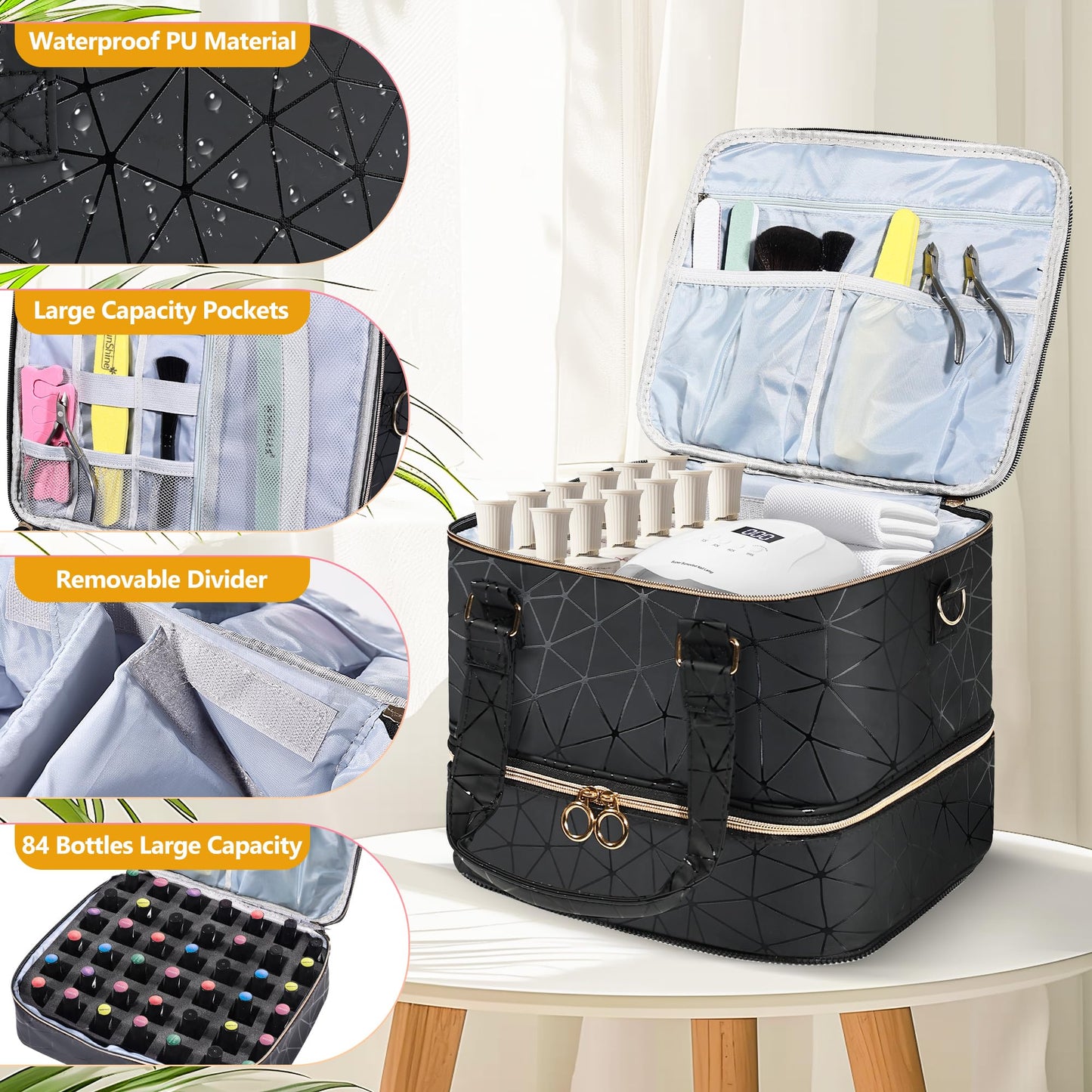 YUYAFN Large Nail Polish Organizer Bag Holds 84 Bottles Nail Polish and a Nail Lamp, PU Leather Nail Kit Storage Carrying Case, Removable Portable Travel Nail Art Tool Storage