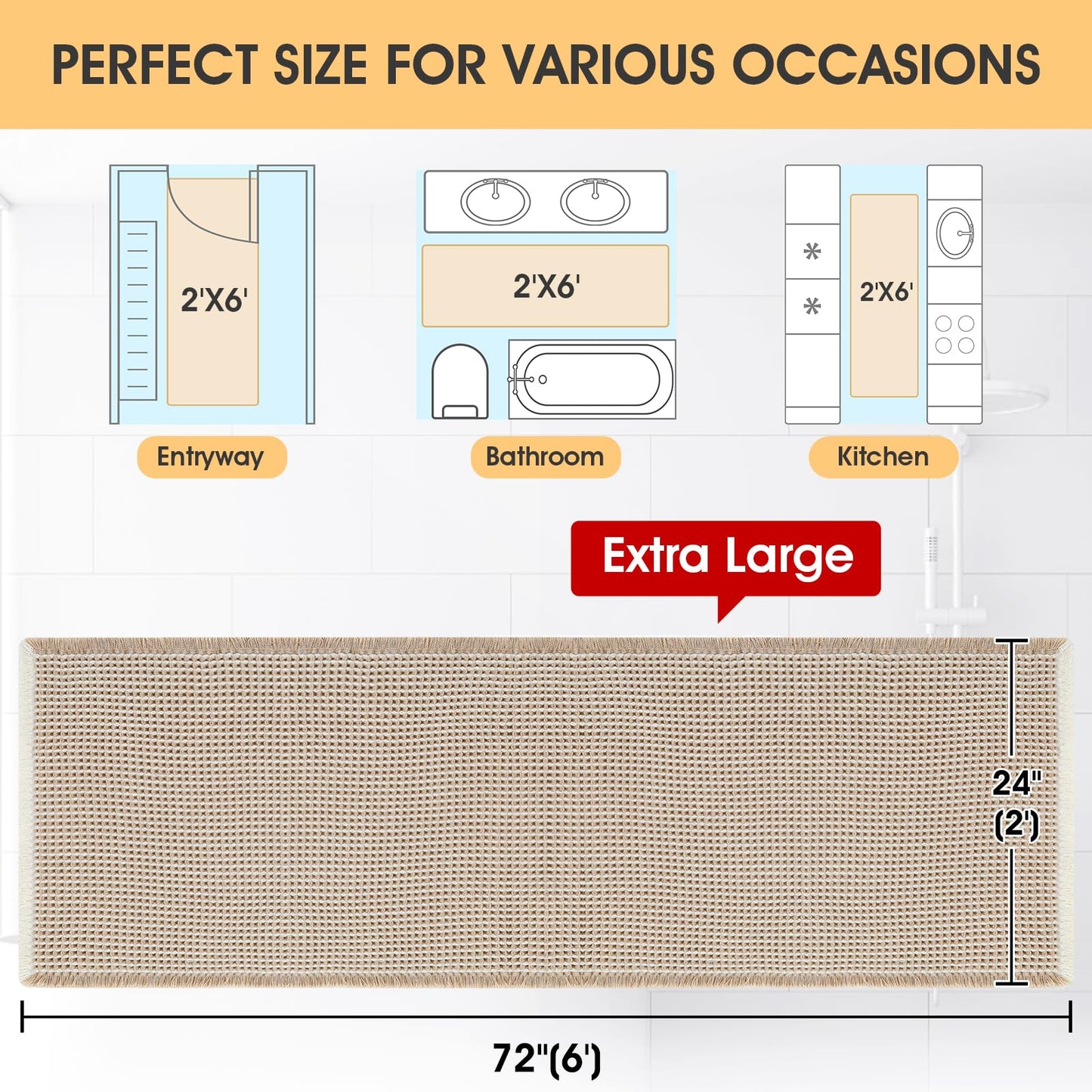 IM HOME Extra Large Waffle Bath Mat Brown & Cream 6'x2', Boho Woven Modern Bath Mat Rugs, Absorbent Non Slip Bathroom Rugs, Soft Washable Bath Rugs with Tassels for Bedroom, Kitchen, Shower, Tub