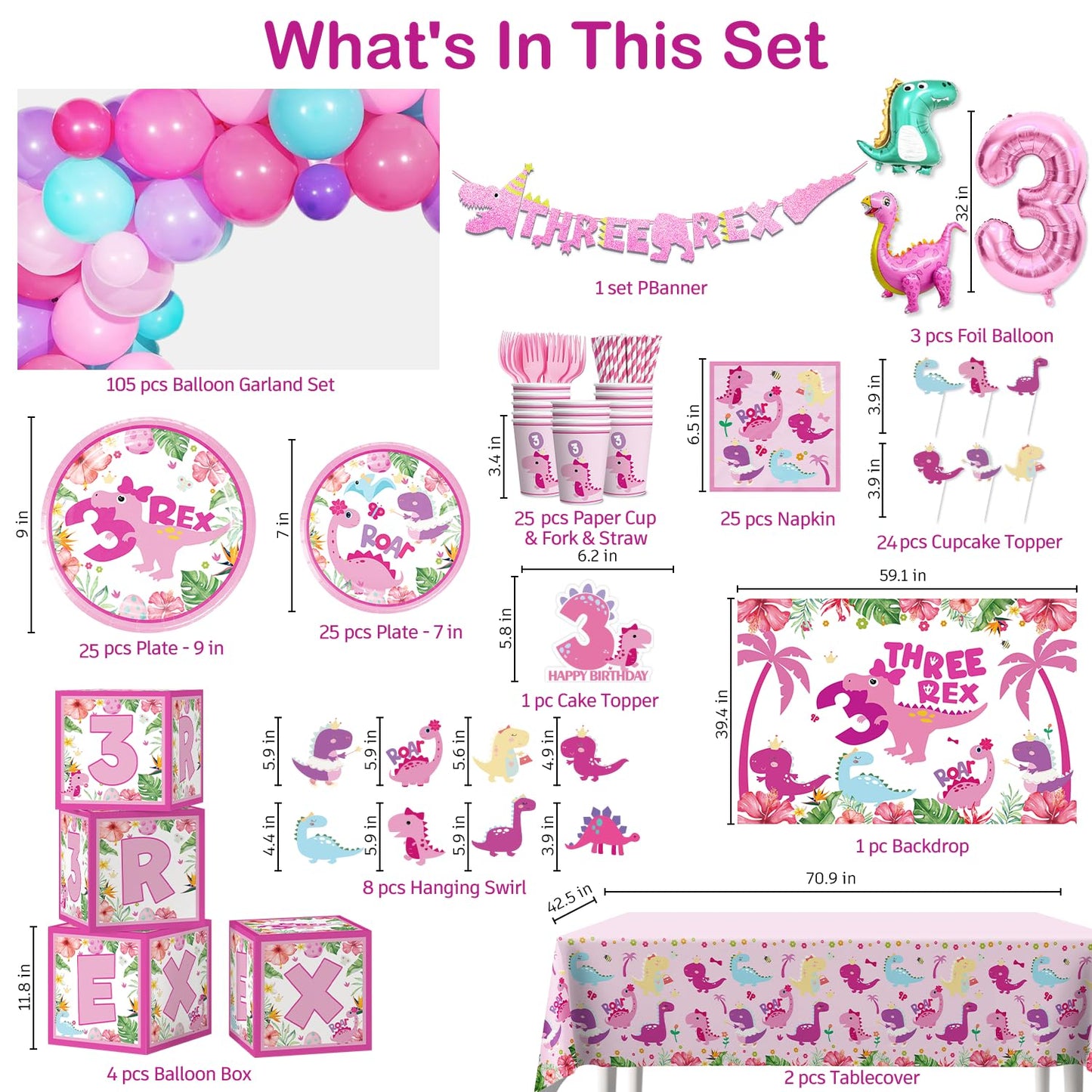 314Pcs Three Rex Birthday Decorations Serves 25 Guests, All-in-One Pink Dinosaur Birthday Decorations Includes Balloon Arch Kit, Banner, Plates, Balloons Box, Tablecloth, Cake Topper