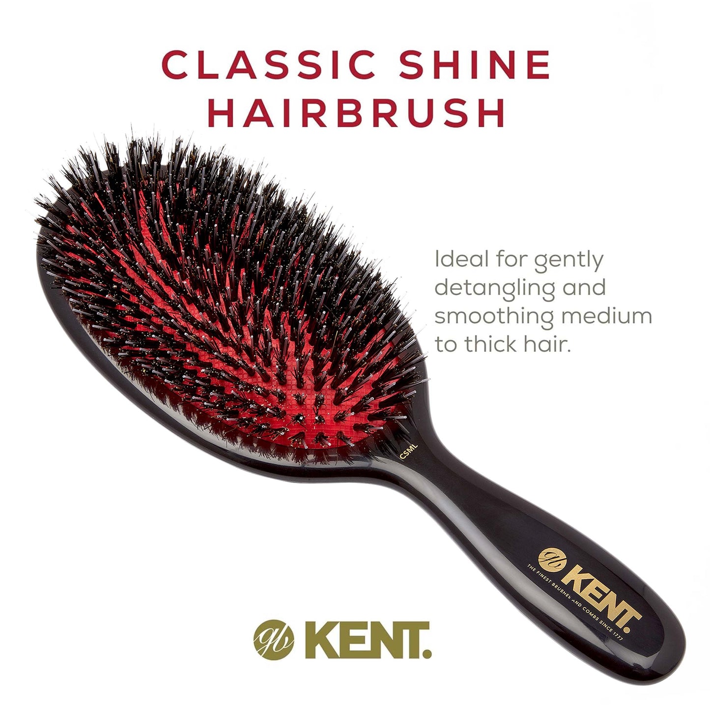 Kent CSML 9" Classic Shine Large Oval Cushion Straightening Brush - Natural Boar Bristle Hair Brush with Nylon Quills - Shine Hair Brush and Scalp Brush for Medium to Thick Hair (+ Hair Brush Cleaner)