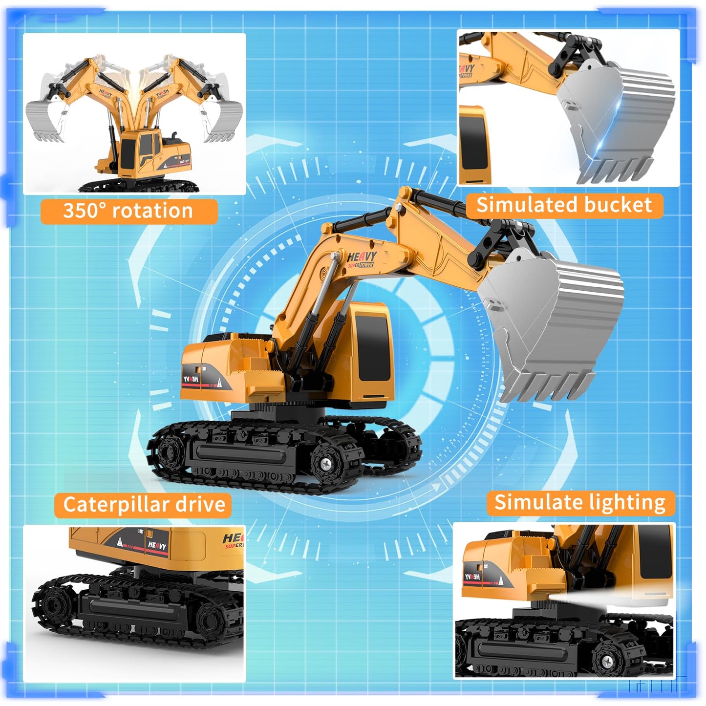 MQDMINI Remote Control Excavator and Dump Truck Toy Set - RC Construction Vehicles Toy with Barricades, Road Signs, Simulated Rocks, Lights and Sounds, Present for Toddlers 3-12 Year Boys Girls