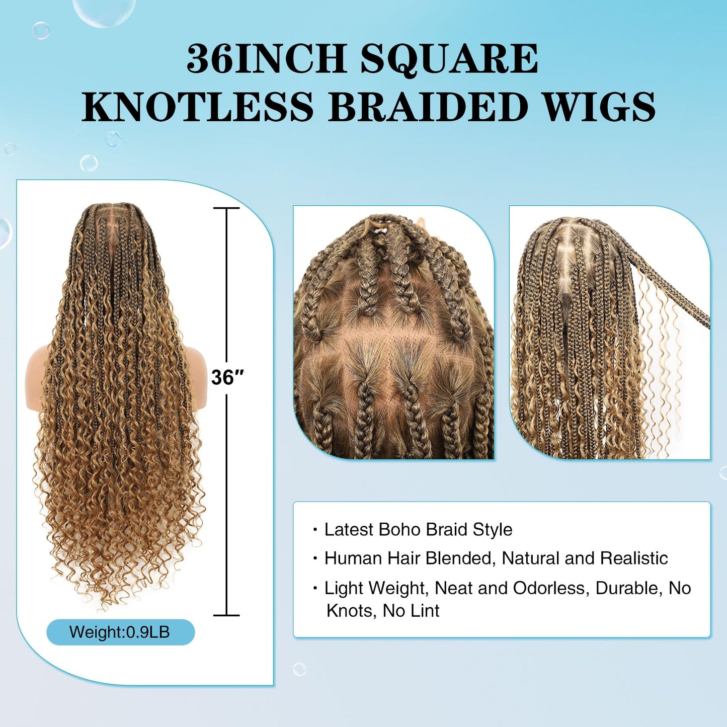 Olymei 360° HD Full Lace Braided Wigs Boho Braided Wigs Square Knotless Braided Wigs for Women Box Braid Wig with Curly End Braided Lace Front Wigs with Baby Hair Human Hair Blended 36" Light Brown