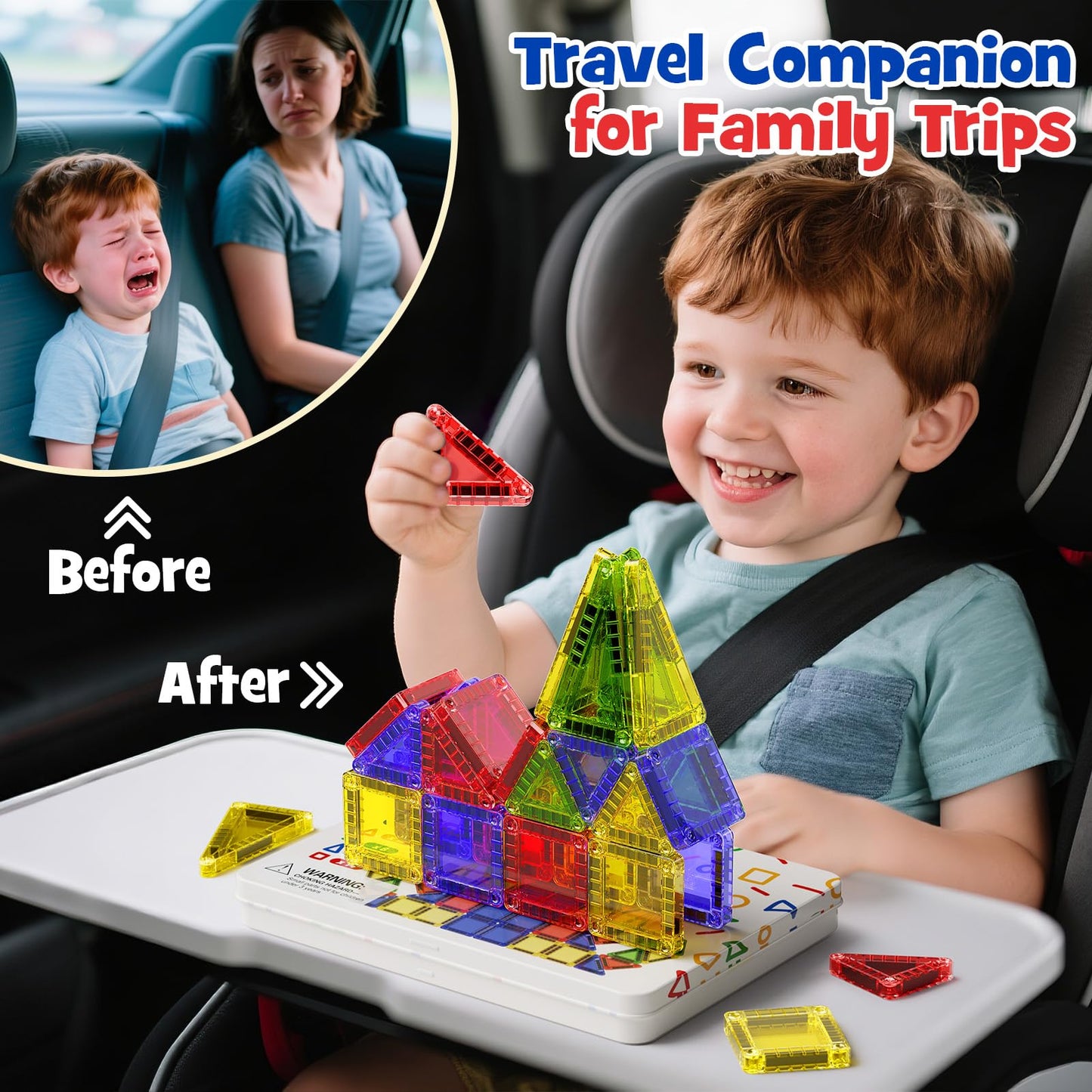Portable Magnetic Tiles for Kids Travel - 40pcs STEM Building Blocks with Visual Storage Guide & Metal Box Play Base, Toddler Airplane Activities Toys for Ages 3-5,4-8, Compact Travel Toys