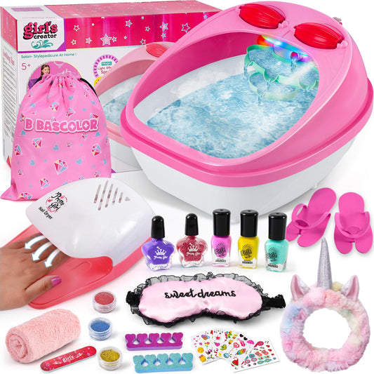B Bascolor Kids Foot Spa & Nail Kit Set, Kids Spa Day Kit for Girls, Massage Foot Soak Tub and Nail Dryer, Manicure Pedicure Art Salon Girl Gift for 5-12, Christmas Birthday Gifts