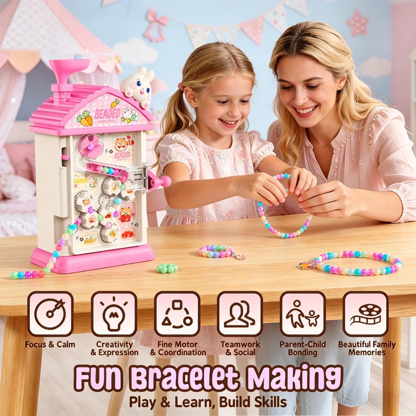 MAGTHIC 2-in-1 Beads Bracelet Maker Machine & Hand-Crank Bunny Toys, Charm Jewelry Bracelet Making Kit 420+ Quick Easy 5min with Storage, DIY Friendship Bracelets for Girls 6-12 Birthday Xmas Gifts