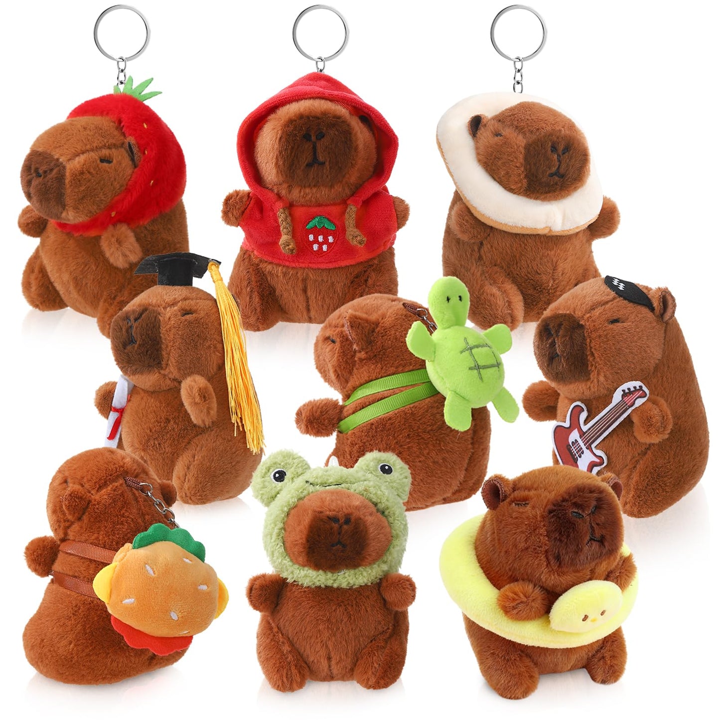 Guiqulai 9 Piece Capybara Plush Keychain Set, Cute Animal Keychains with Turtle Strawberry Hat Bread Outfits for Backpack Gifts