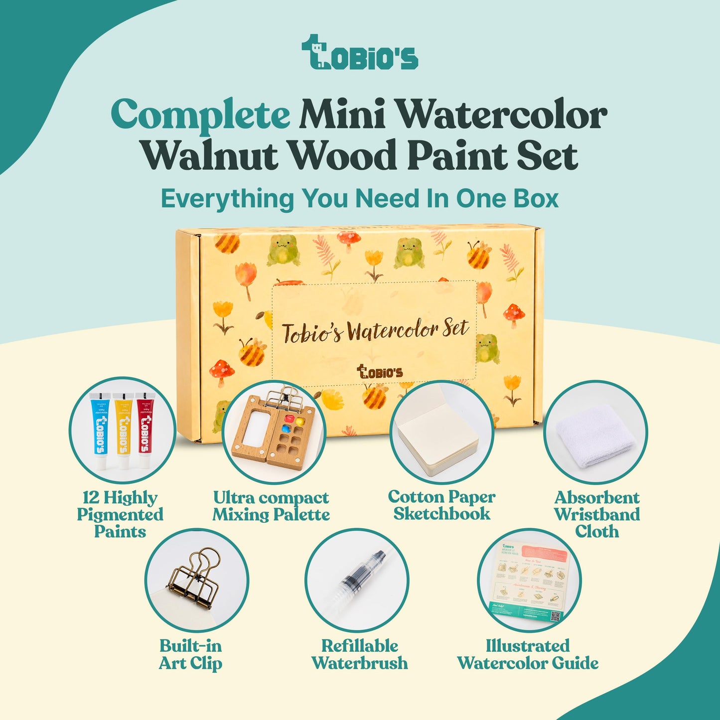 Tobios Mini Wooden Watercolor Paint Set – Compact Travel Art Kit with 12 Colors, Refillable Brush & Sketchbook – Unique Creative Gift for Birthdays, Holidays & Art Lovers