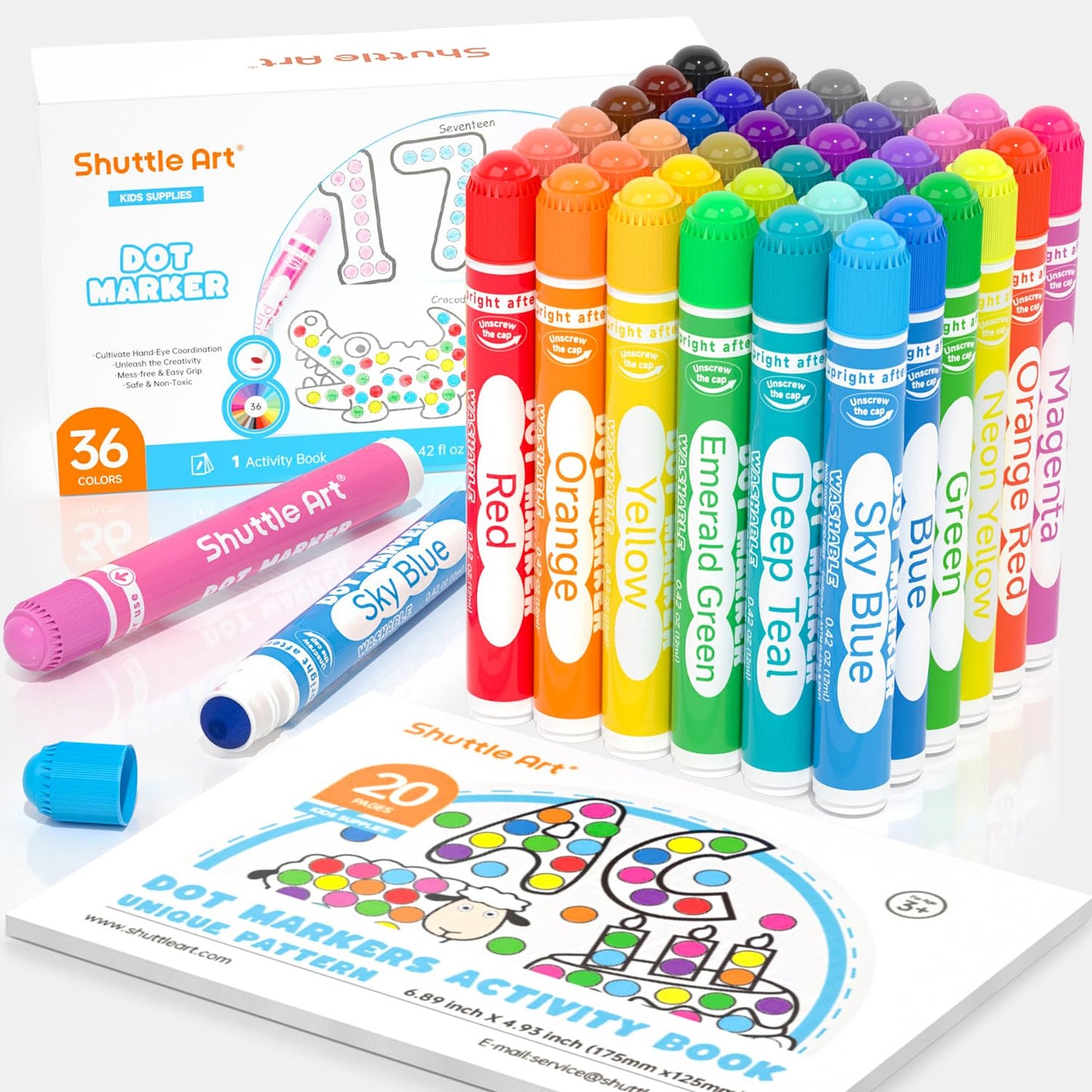 Shuttle Art Dot Markers, 36 Colors WashableDot Art Markers with Free Activity Book, Fun Art Supplies for Kids Toddlers and Preschoolers, Non Toxic Water-Based Paint Daubers