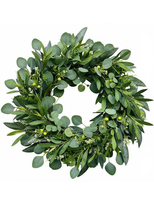 24" Farmhouse Olive Wreath – Extra Full Faux Olive, Eucalyptus & Willow Greenery, Realistic All-Season Wreath for Front Door, Mantel, Wall, Wedding & Indoor/Outdoor Décor