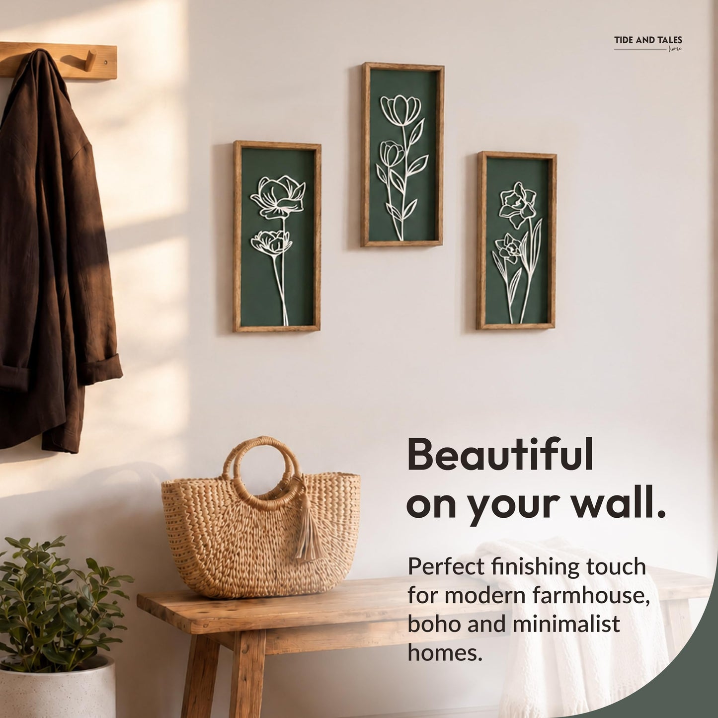 3D Floral Green Wall Art (Set of 3) Lightweight, Wooden Ready-to-Hang Boho Framed Wall Art for Bathroom, Master Bedroom, Living Room or Office - Premium Sage Green Farmhouse Decor - Gift-Boxed