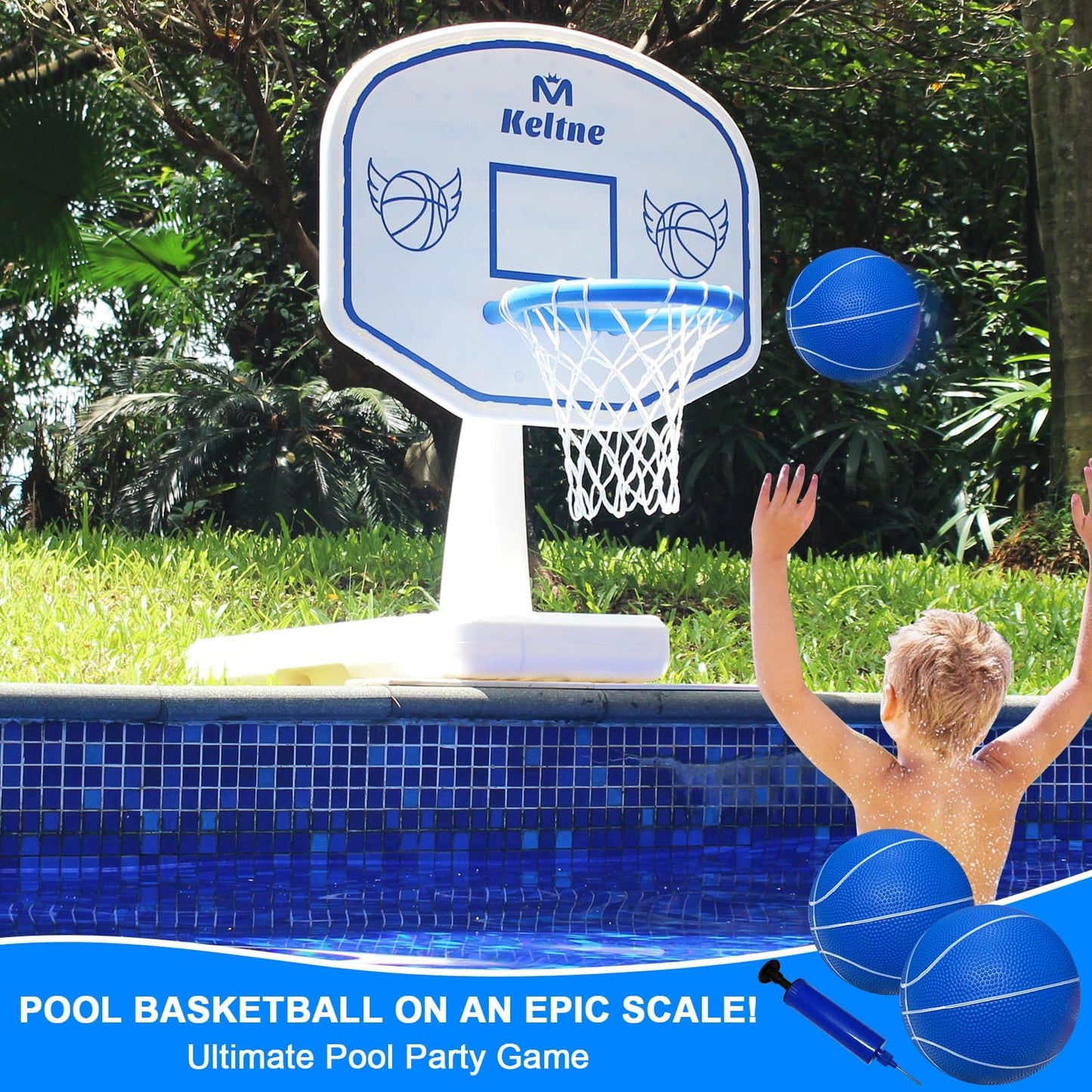 Pool Basketball Hoop, 34"x34"x42.2" Oversized Pool Toys with 2 Balls/Nets/Pump for Poolside Water Basketball Game, Pool Basketball Goal for Inround Pool & Deck - Swimming Pool Games for Kids Adults