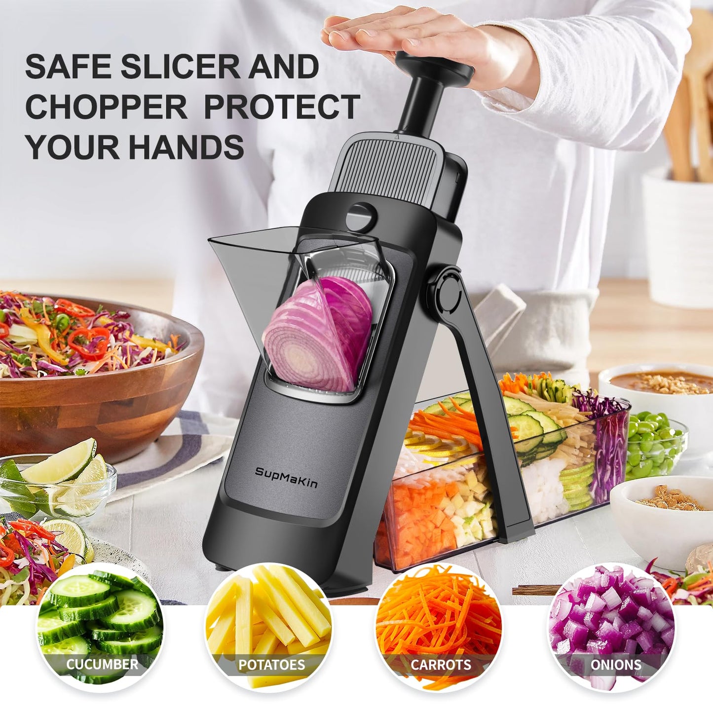 SupMaKin 2026 Upgrade Safe Mandoline Slicer,Multi Vegetable Chopper,Potato Slicer, Onion Chopper with Drain Basket Storage Container, Cheese Grater Kitchen Chopping Artifact (Black)