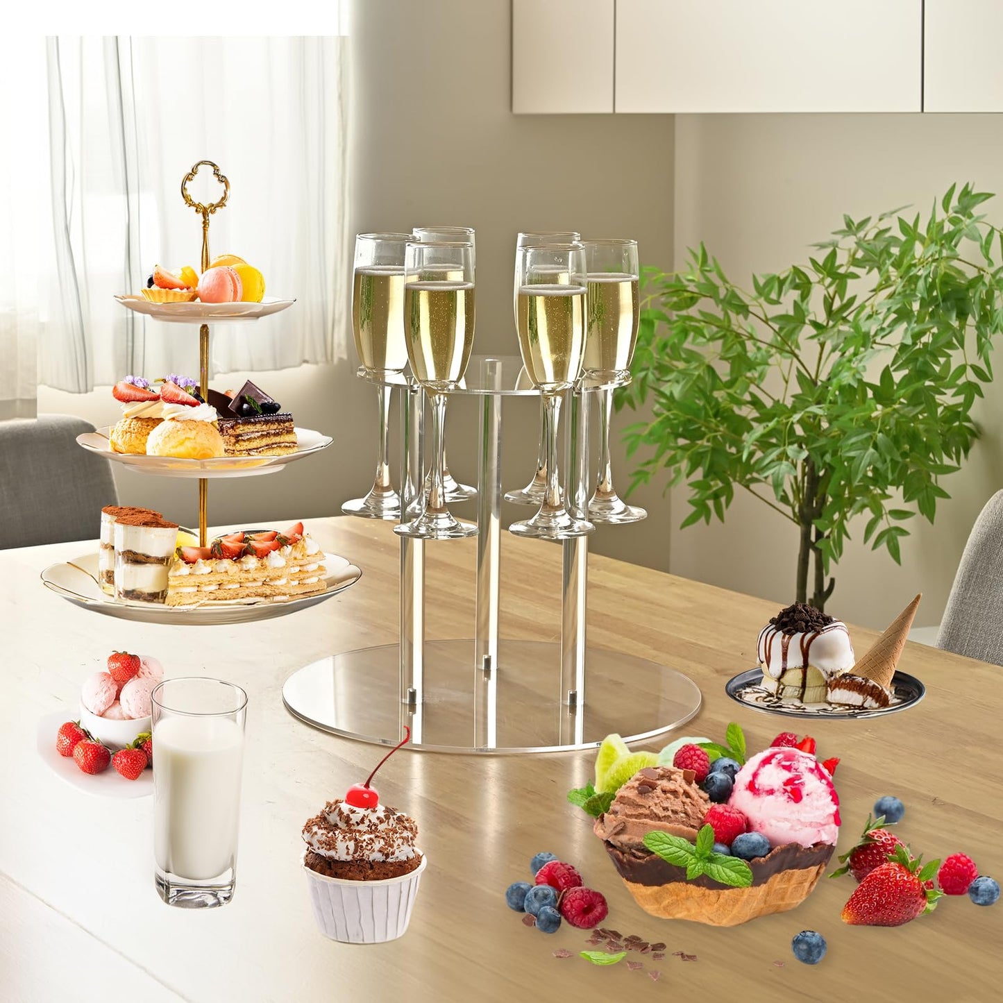 Laumffon Champagne Tower, Circle Acrylic Champagne Display Rack Stand with 28 Slots, 3 Tier Floating Sight Champagne Flute Holder for Party, Wedding, Celebration, 13.4x13.4x25.5 inch