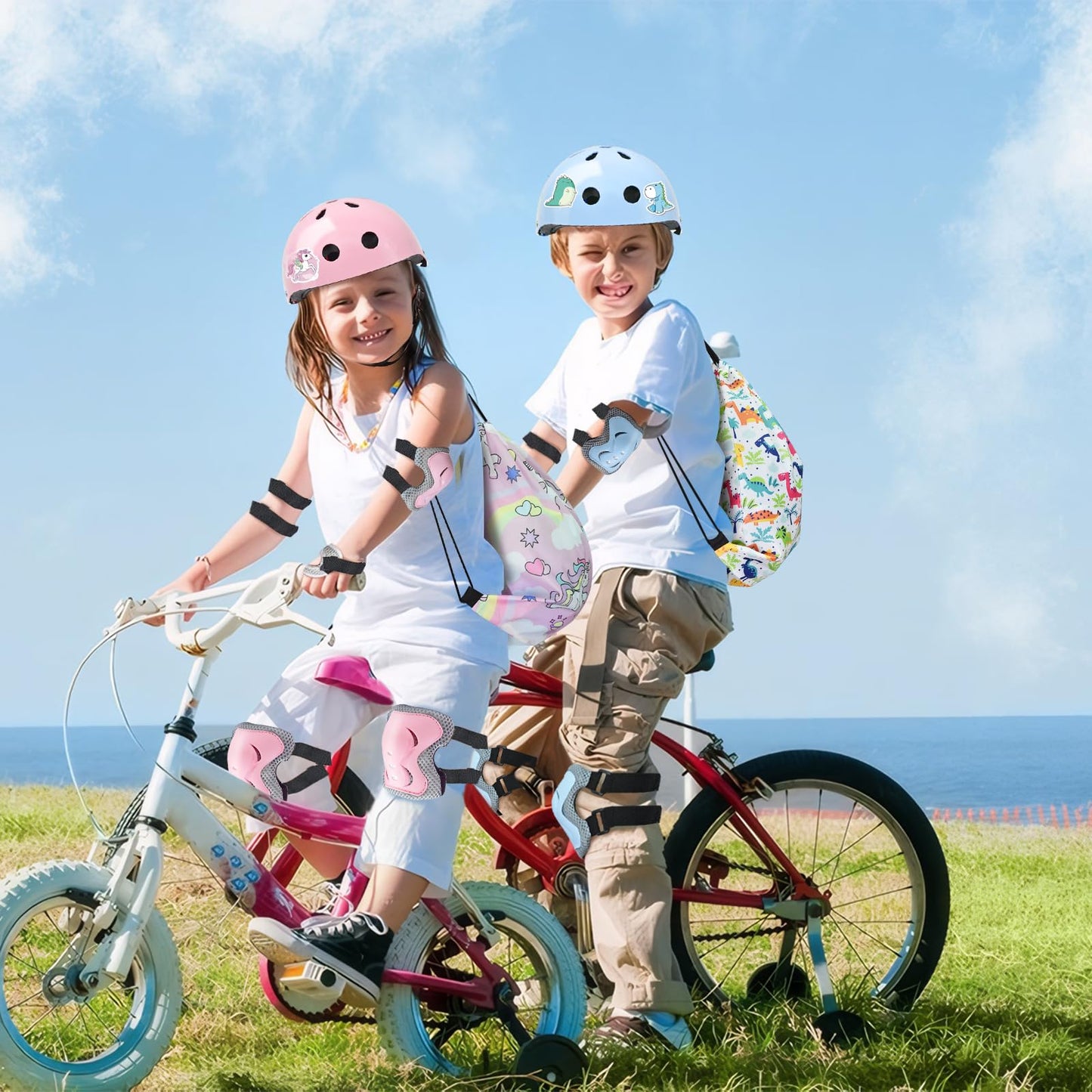 Kqpoinw Adjustable Kids Bike Helmet Set with Knee, Elbow and Wrist Pads, Toddler Helmet for Ages 3-5-8-14 Boys Girls, Protective Gear Set for Ages 3-14 Kids & Youth, for Bikes Skateboards Rollerskates