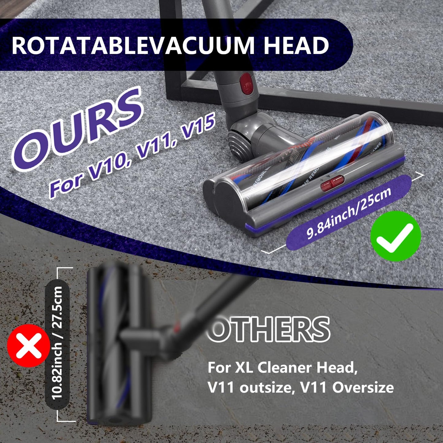 OTTWL Upgrade High Torque Replacement Head Compatible with Dyson V8 V10 V11 V15 Models Cordless Vacuum Cleaners, Vacuum Head with Anti-Tangle and Adjustable Suction, Part No.970100-05(9.84IN)