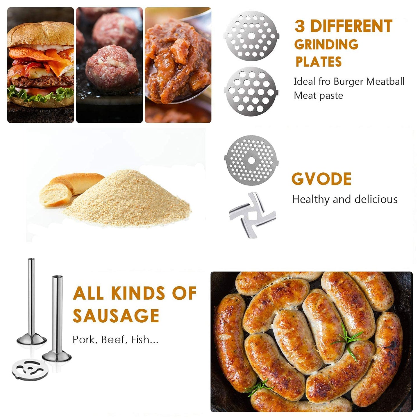 GVODE Stainless Steel Meat Grinder Attachment for KitchenAid Stand Mixer, Meat Grinder for KitchenAid Includes 4 Grinding Plates & 3 Sausage Tubes, Dishwasher-Safe Design with Sausage Stuffer Kit