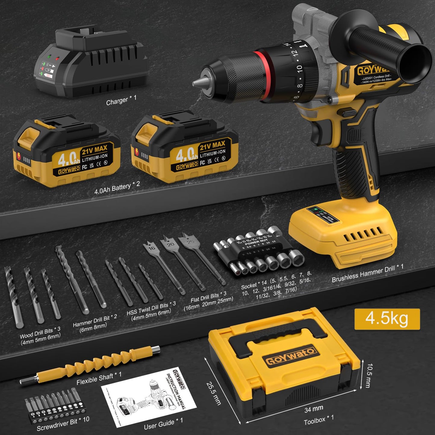 GoYwato 1239In·lbs Cordless Hammer Drill - 140N·m 21V Brushless Electric Power Impact Drill Set w/ 2 x 4.0Ah Battery & 1/2Inch Self-Locking Metal Chuck & 36Pcs Accessory for Drilling Wood Bricks Metal